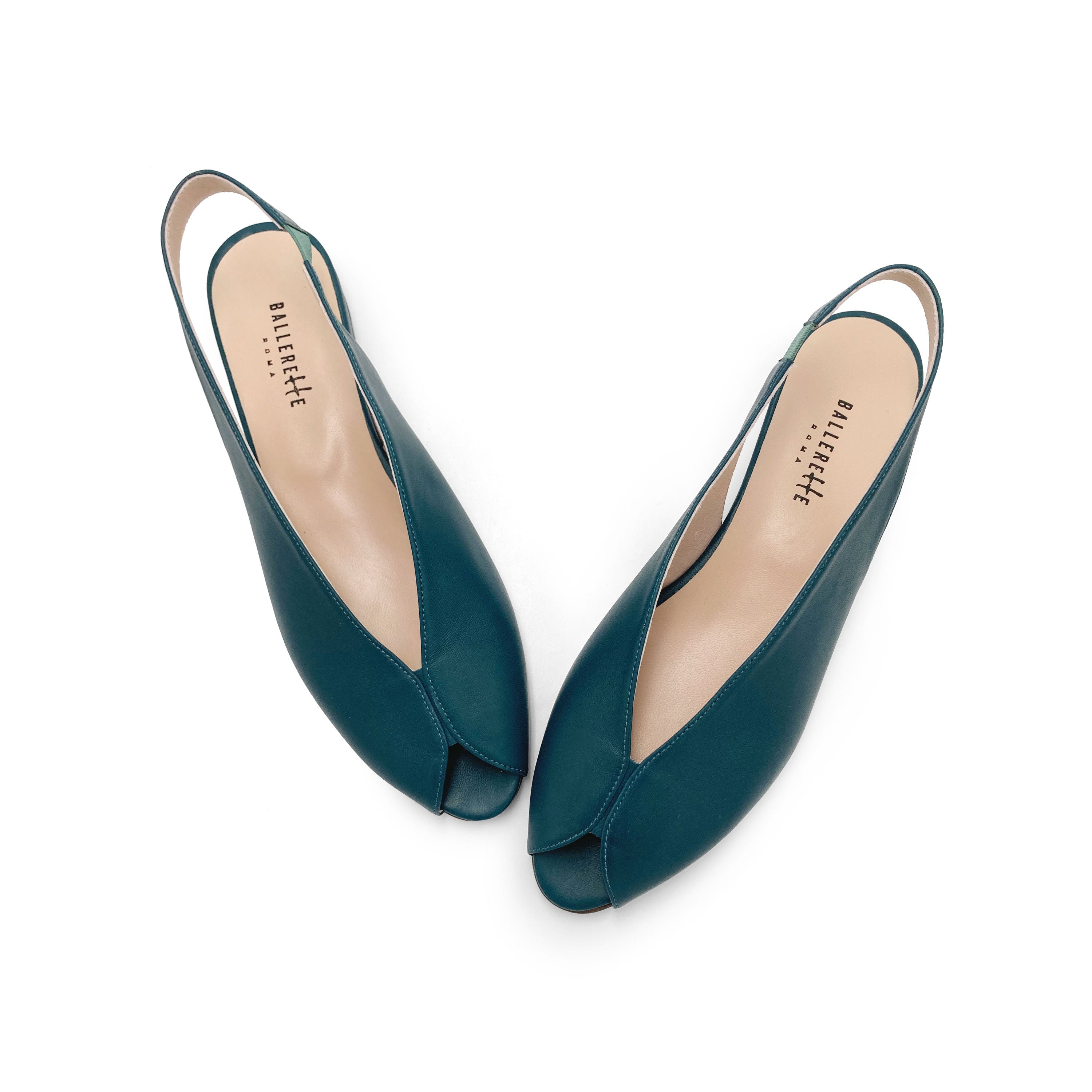 Petrol blue leather open-toe slingbacks