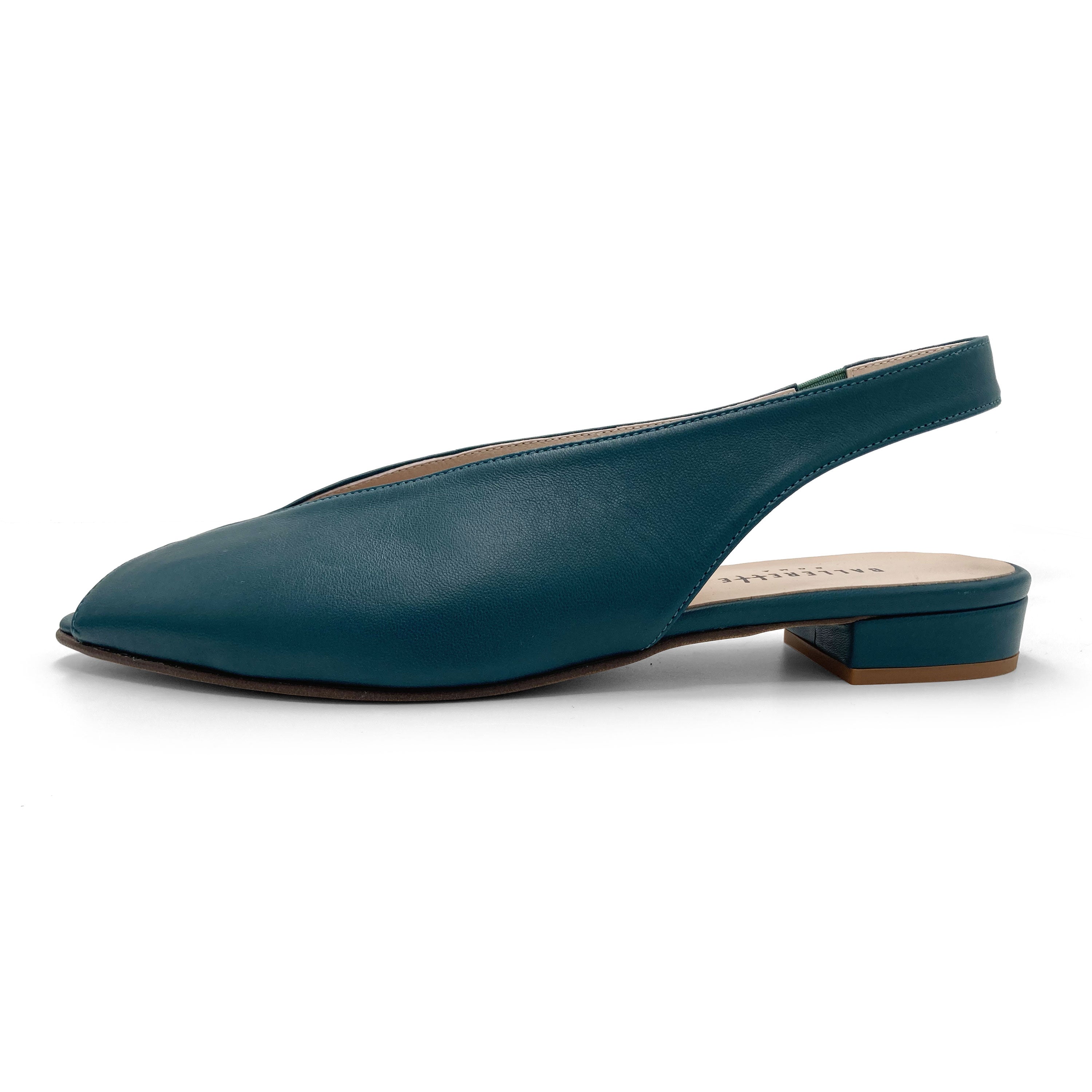 Slingbacks open toe en cuir bleu pétrole