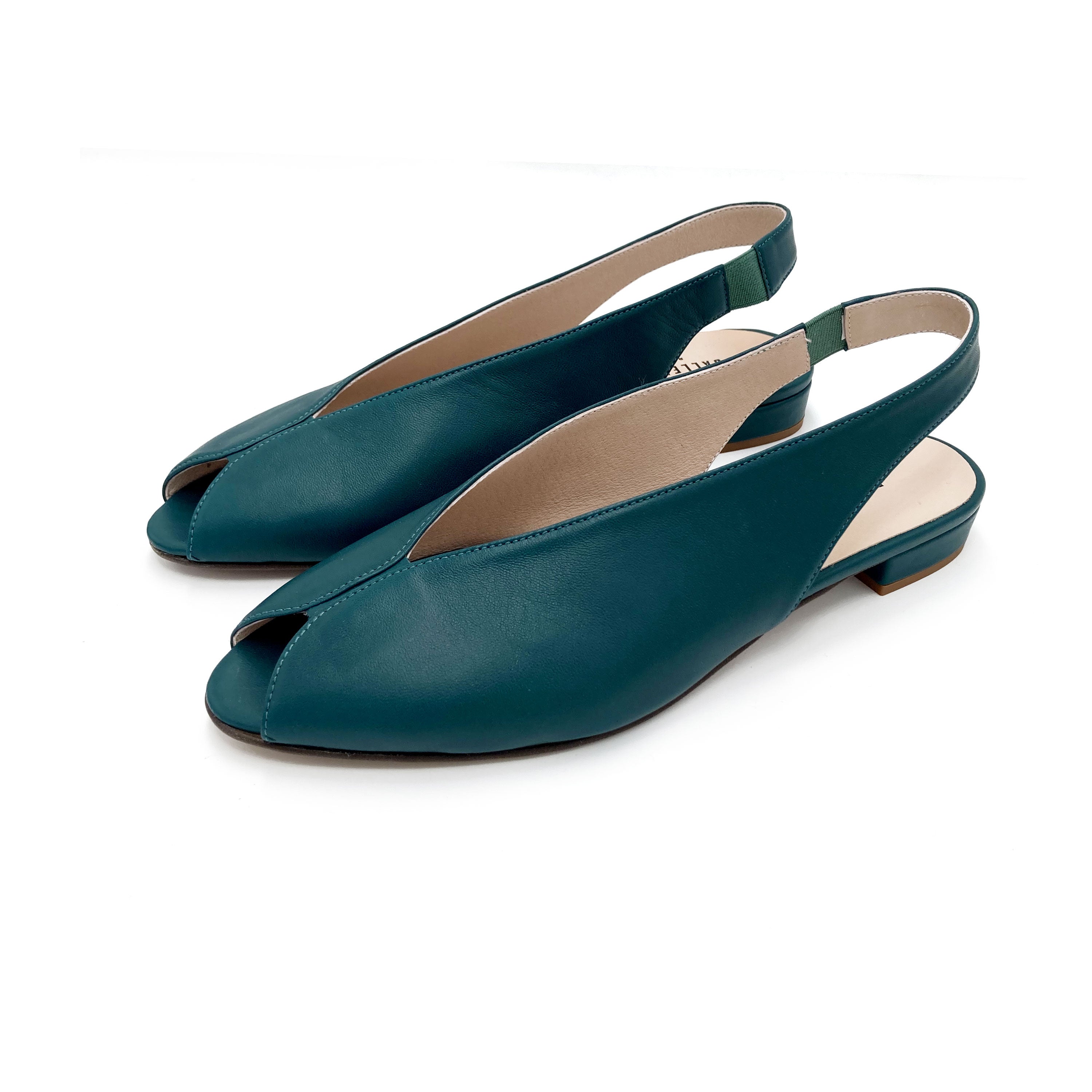 Slingbacks open toe en cuir bleu pétrole