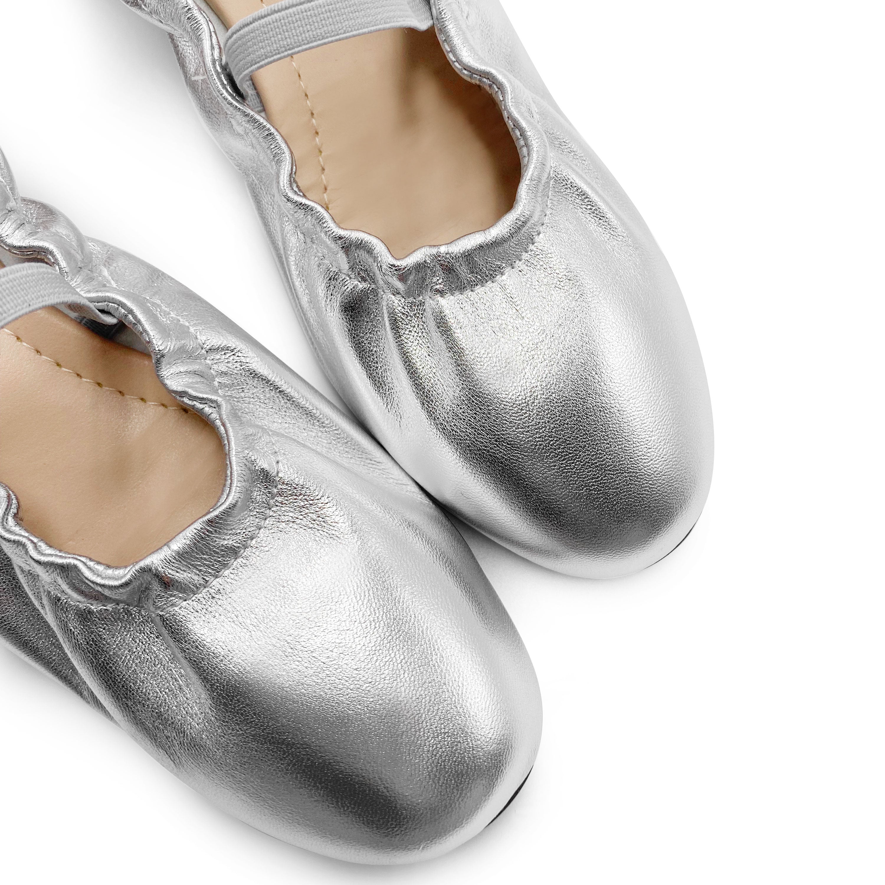 Bailarinas elástica plateadas en piel y tira elástica
