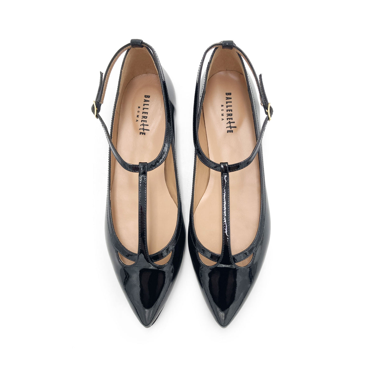 Ballerines pointues T-bar en cuir verni noir