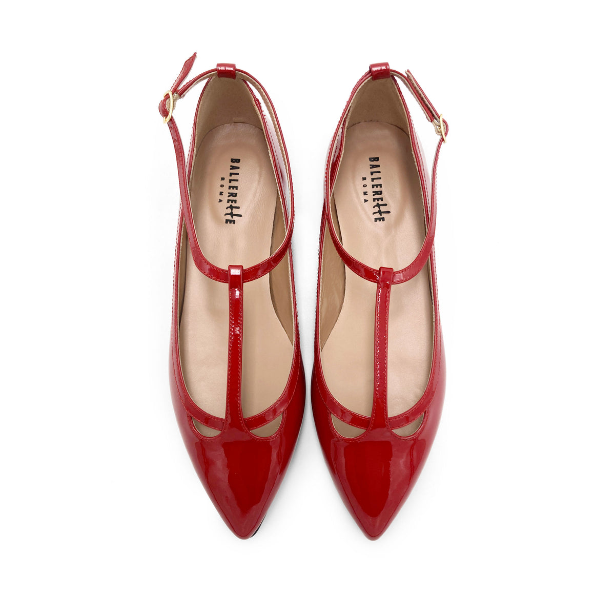Ballerines pointues T-bar en cuir verni rouges