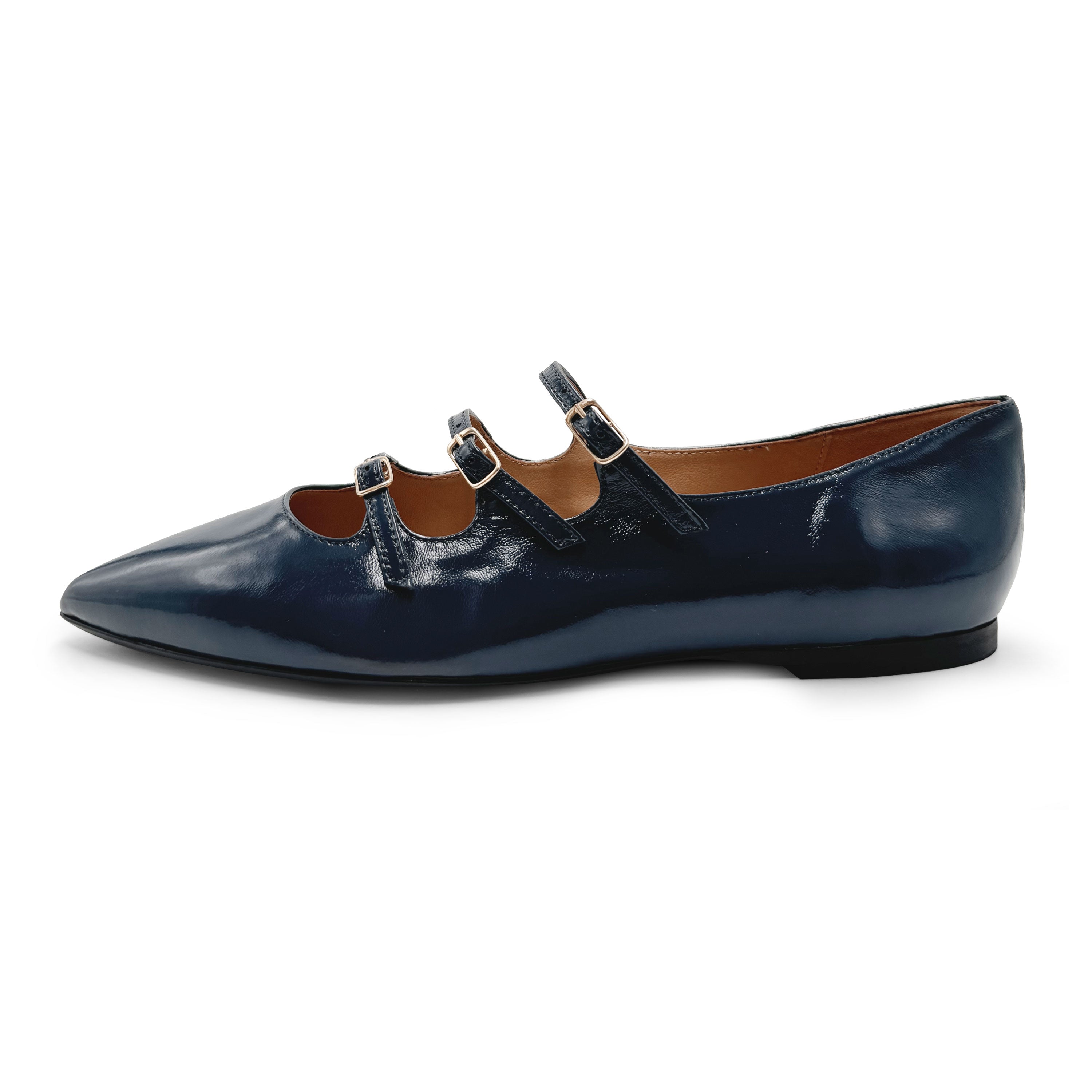 Glänzende blaue spitze Ballerinas mit Riemen
