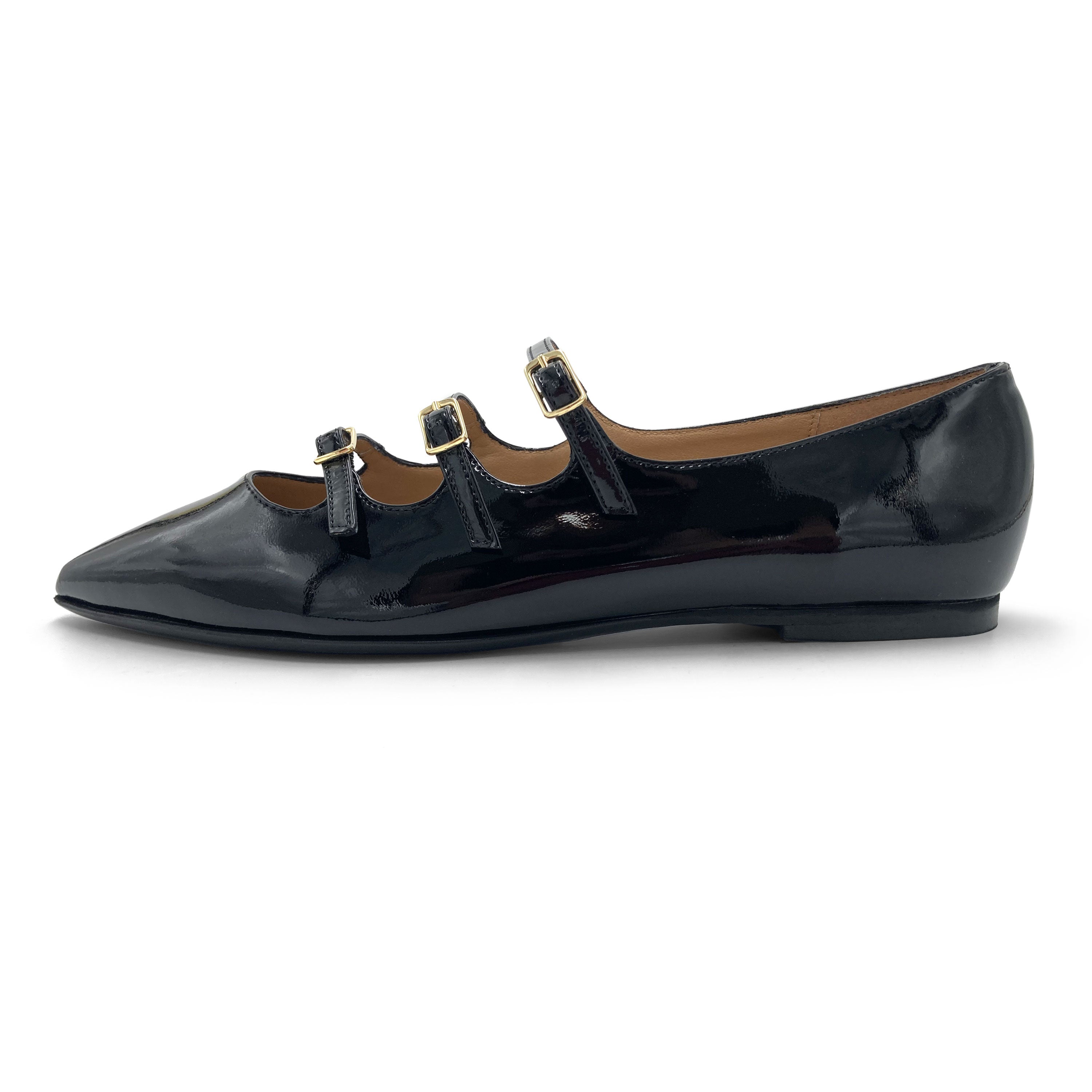 Black shiny pointed ballet flats with three straps