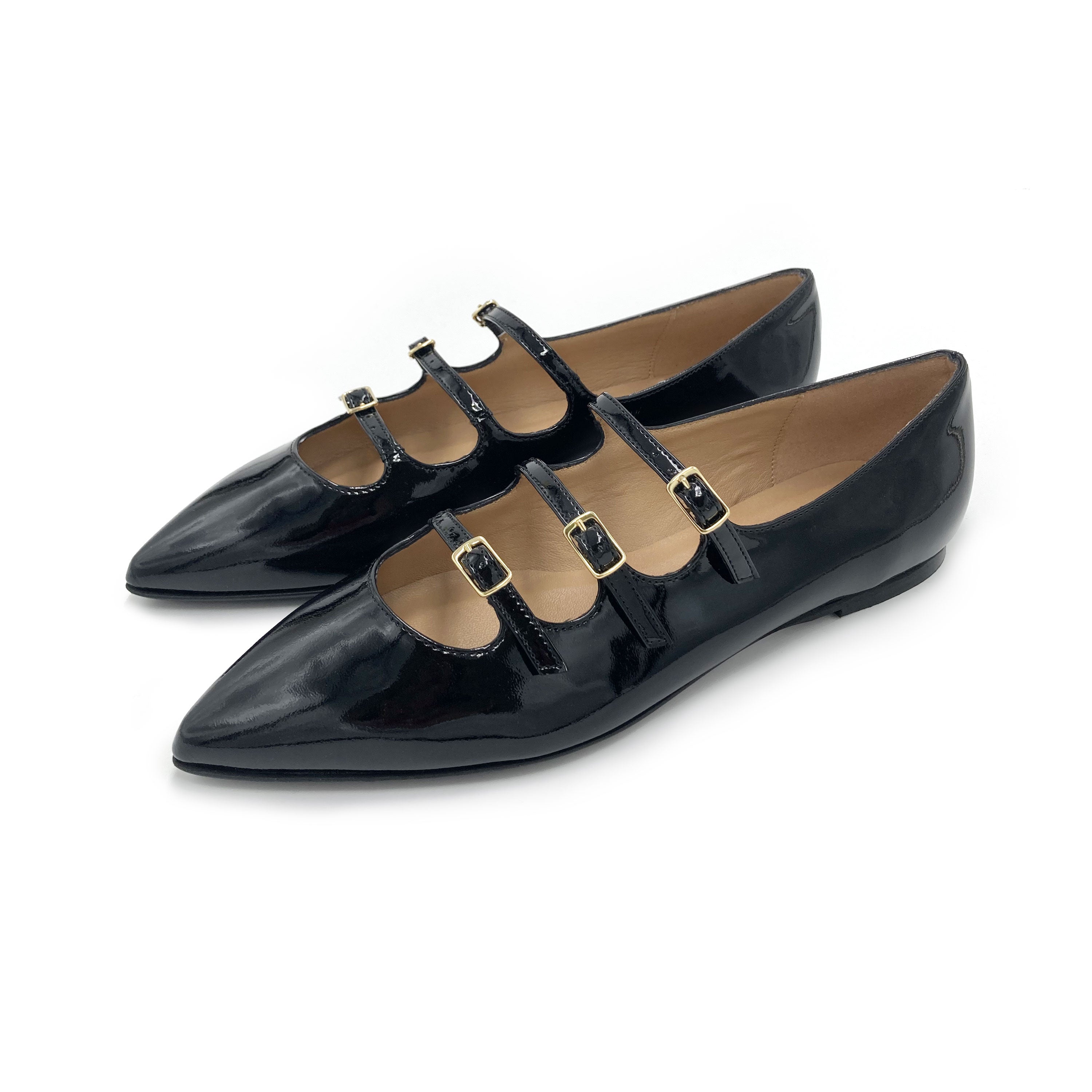 Black shiny pointed ballet flats with three straps