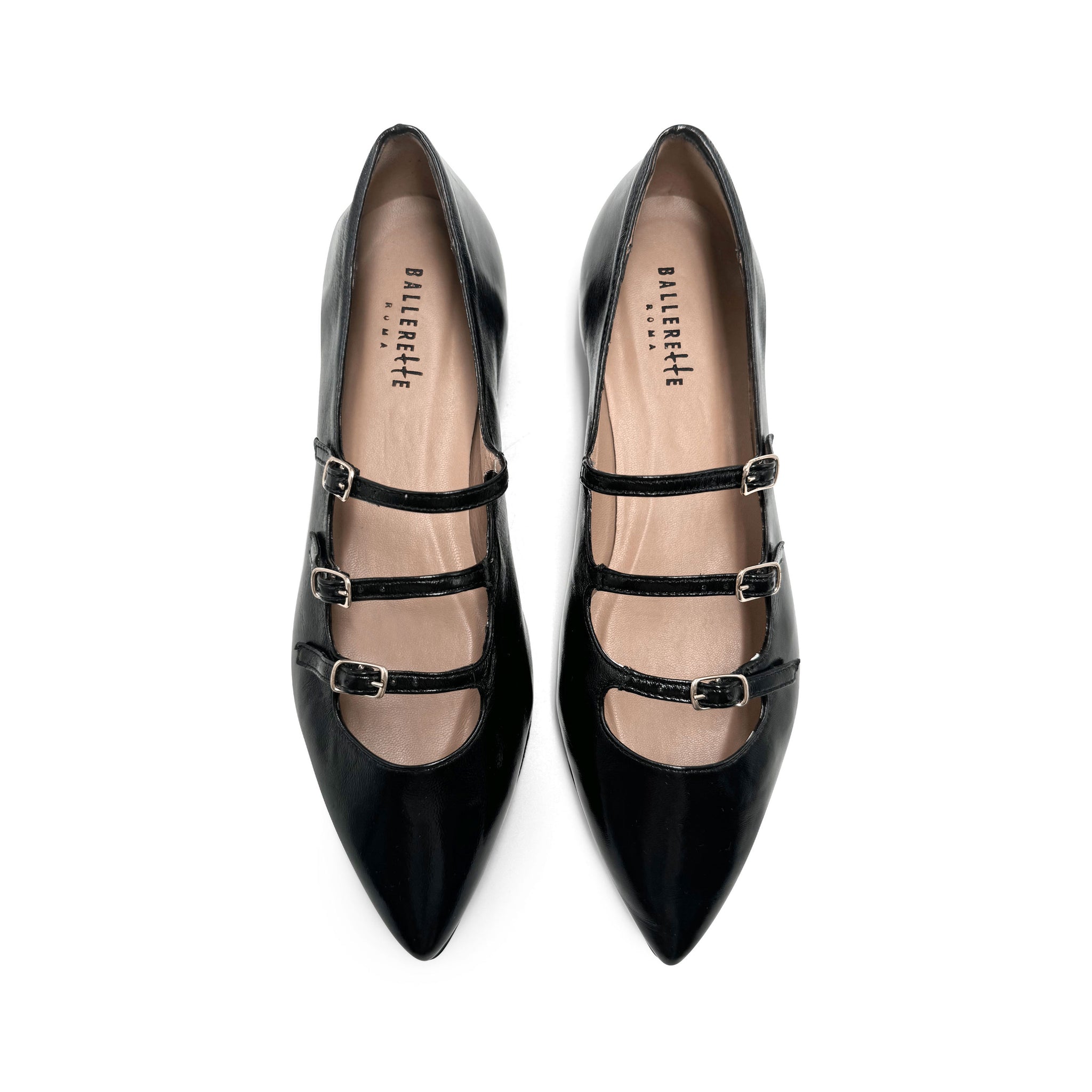 Black shiny pointed-toe ballet flats with straps