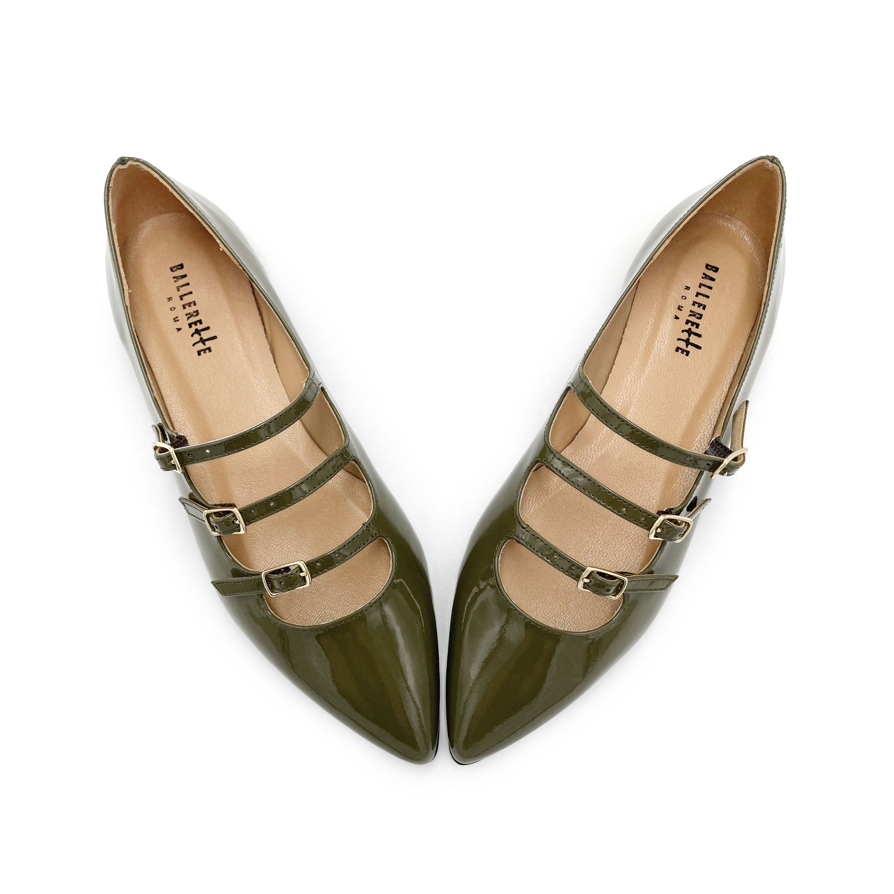 Green shiny pointed ballet flats with three straps