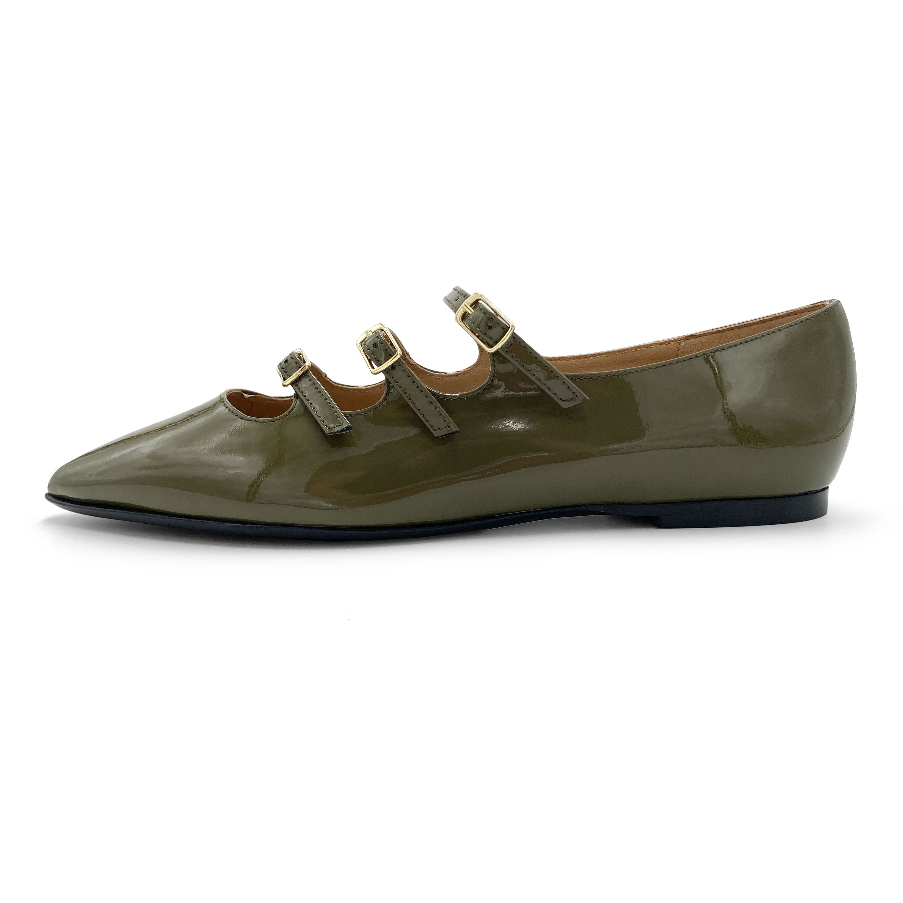 Green shiny pointed ballet flats with three straps