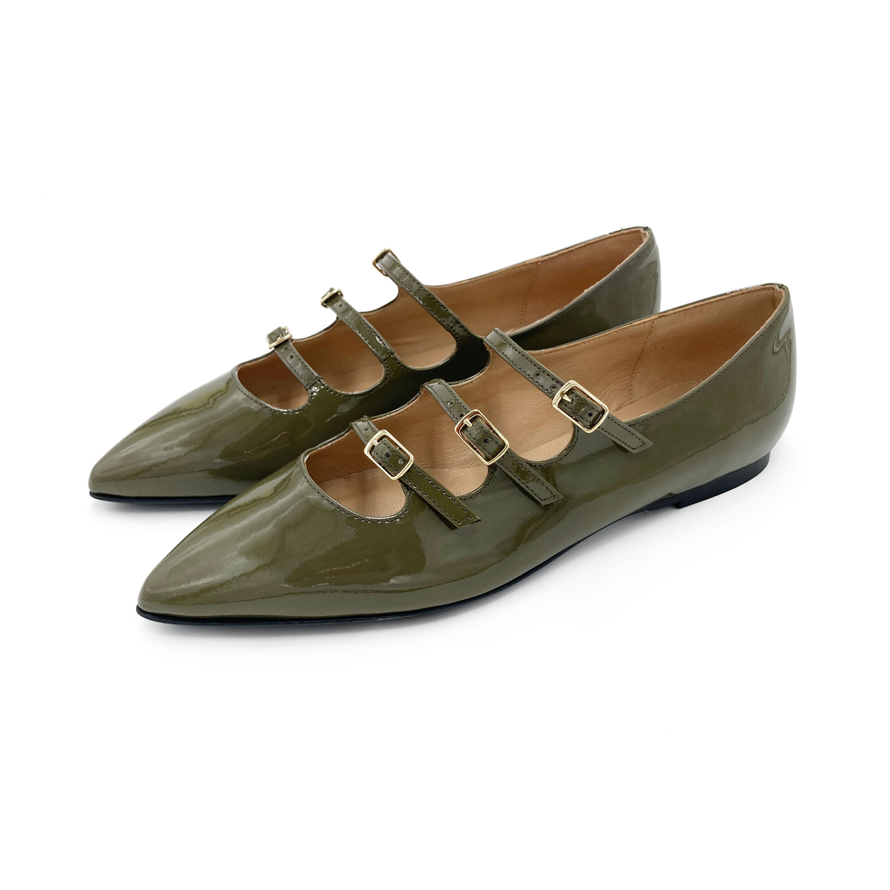 Green shiny pointed ballet flats with three straps