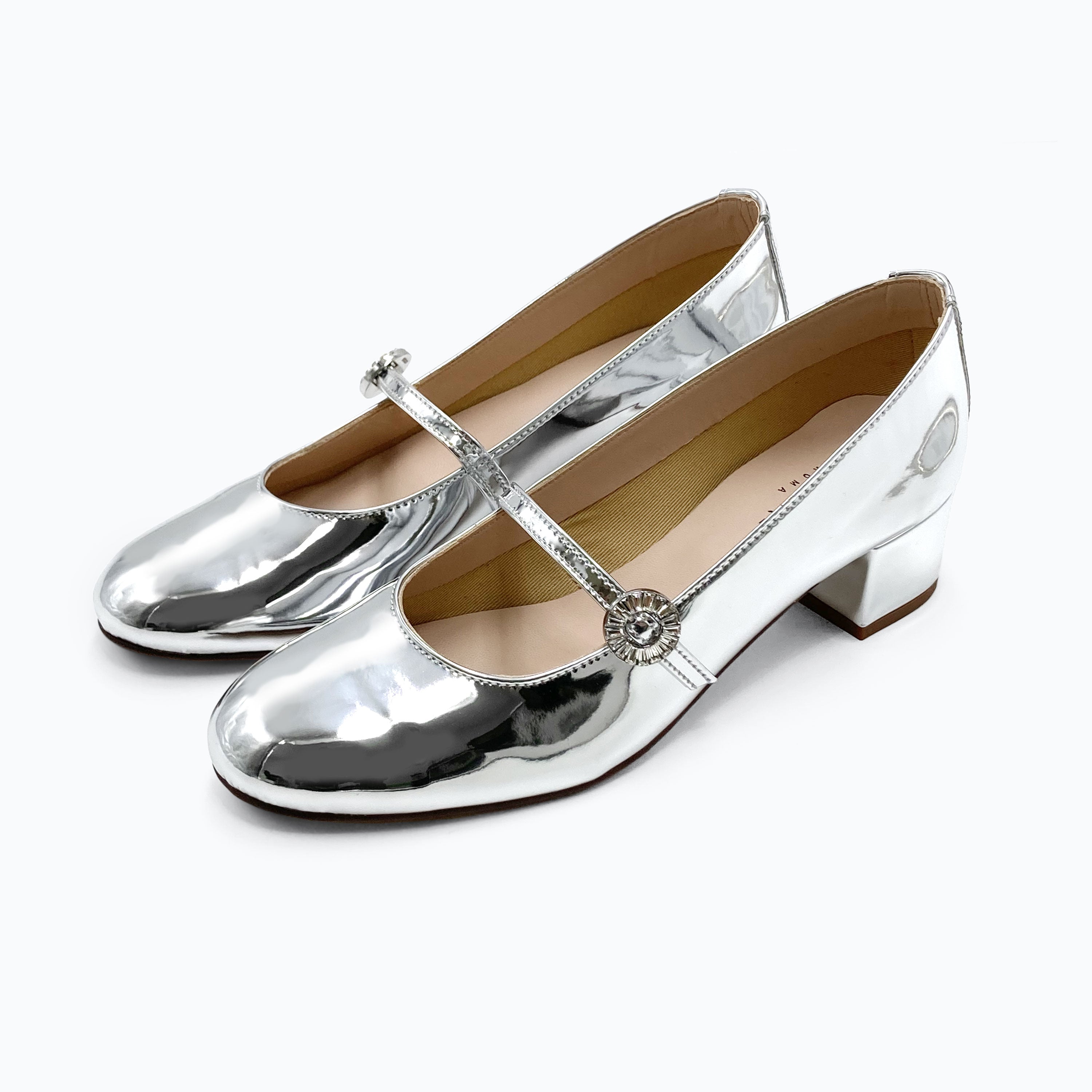Bailarinas Mary Jane plateadas en charol espejo con correa joya y tacón alto