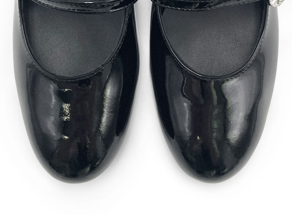 Black patent leather Mary Jane ballet flats with heel and jewelled strap