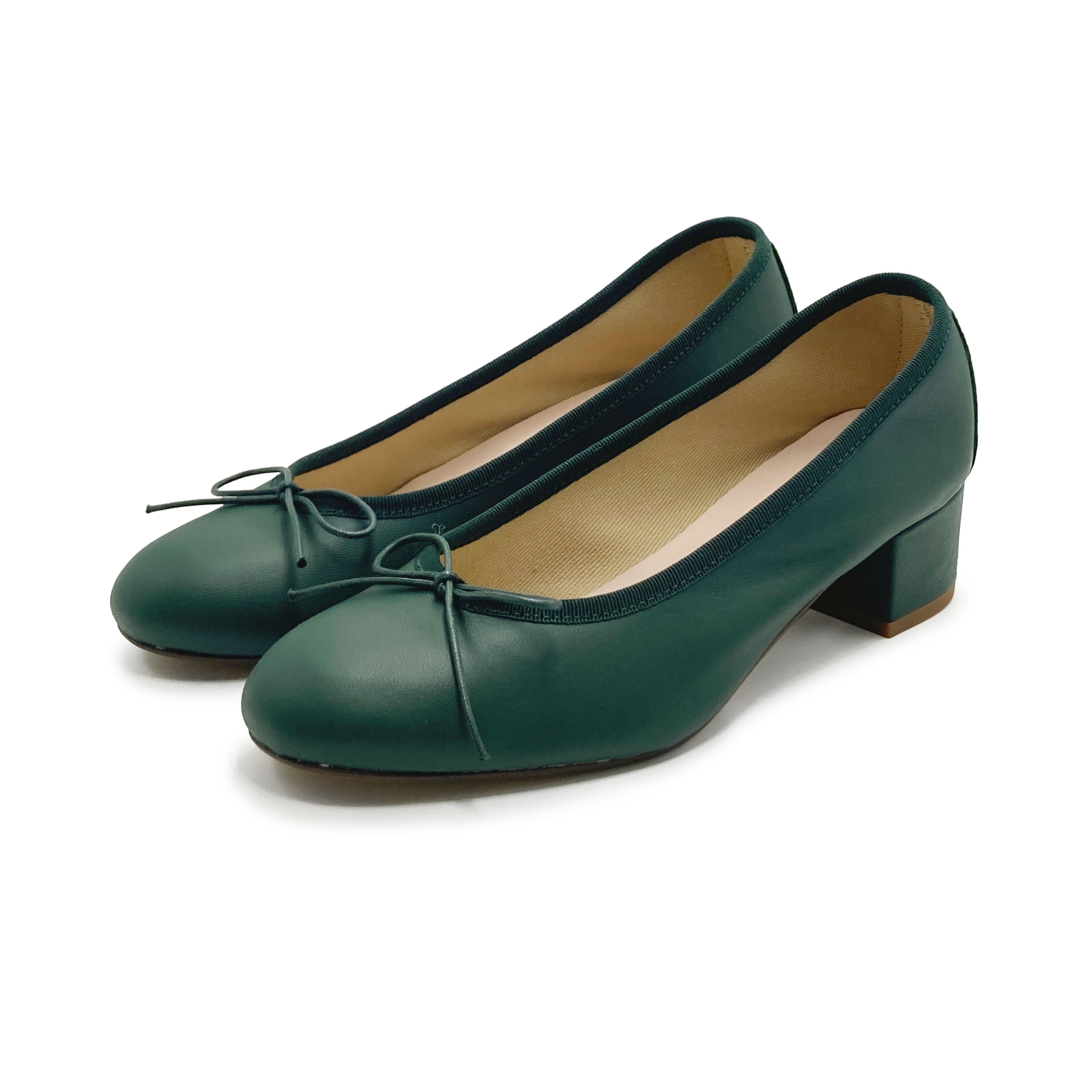 Bottle green leather ballet shoes with heels