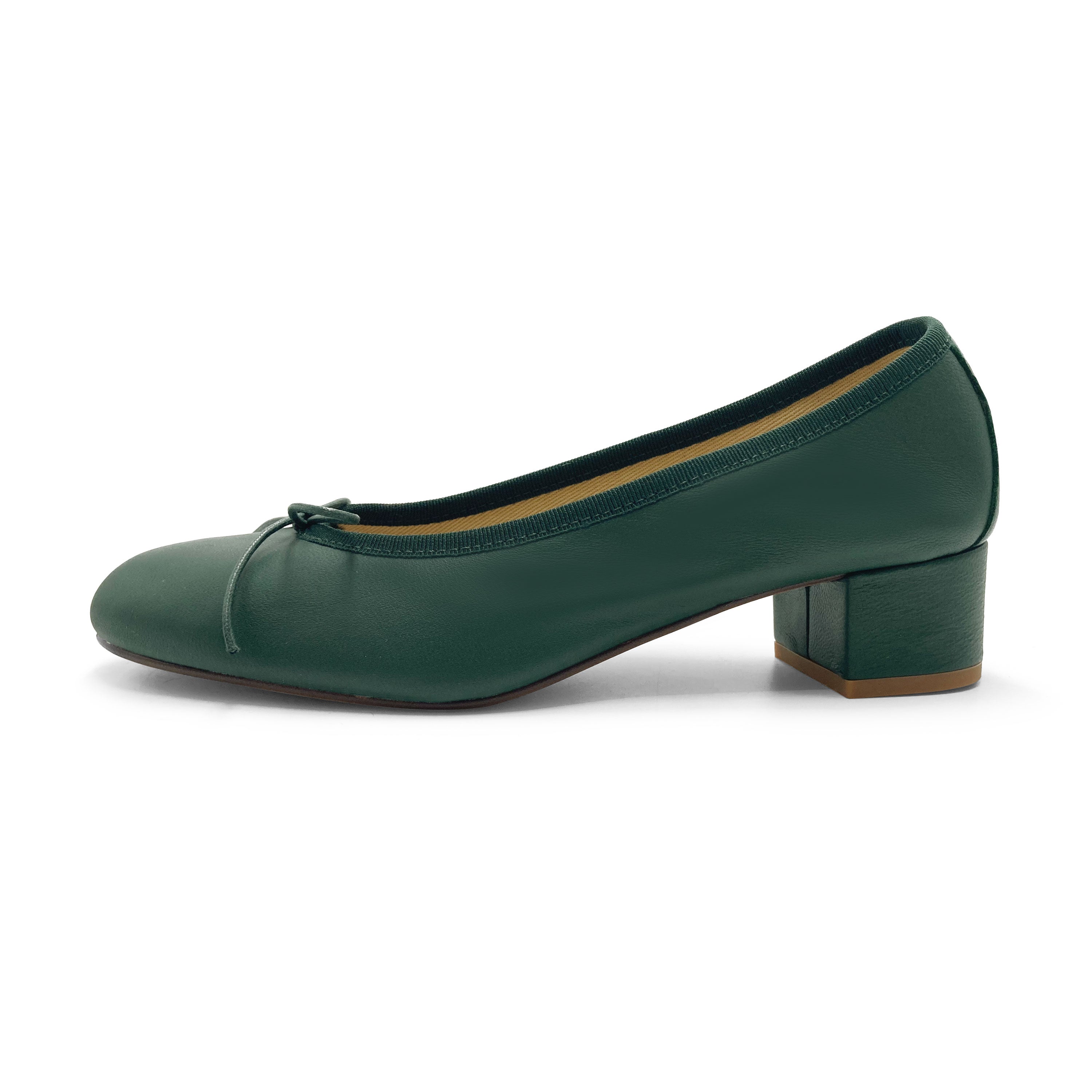 Bottle green leather ballet shoes with heels