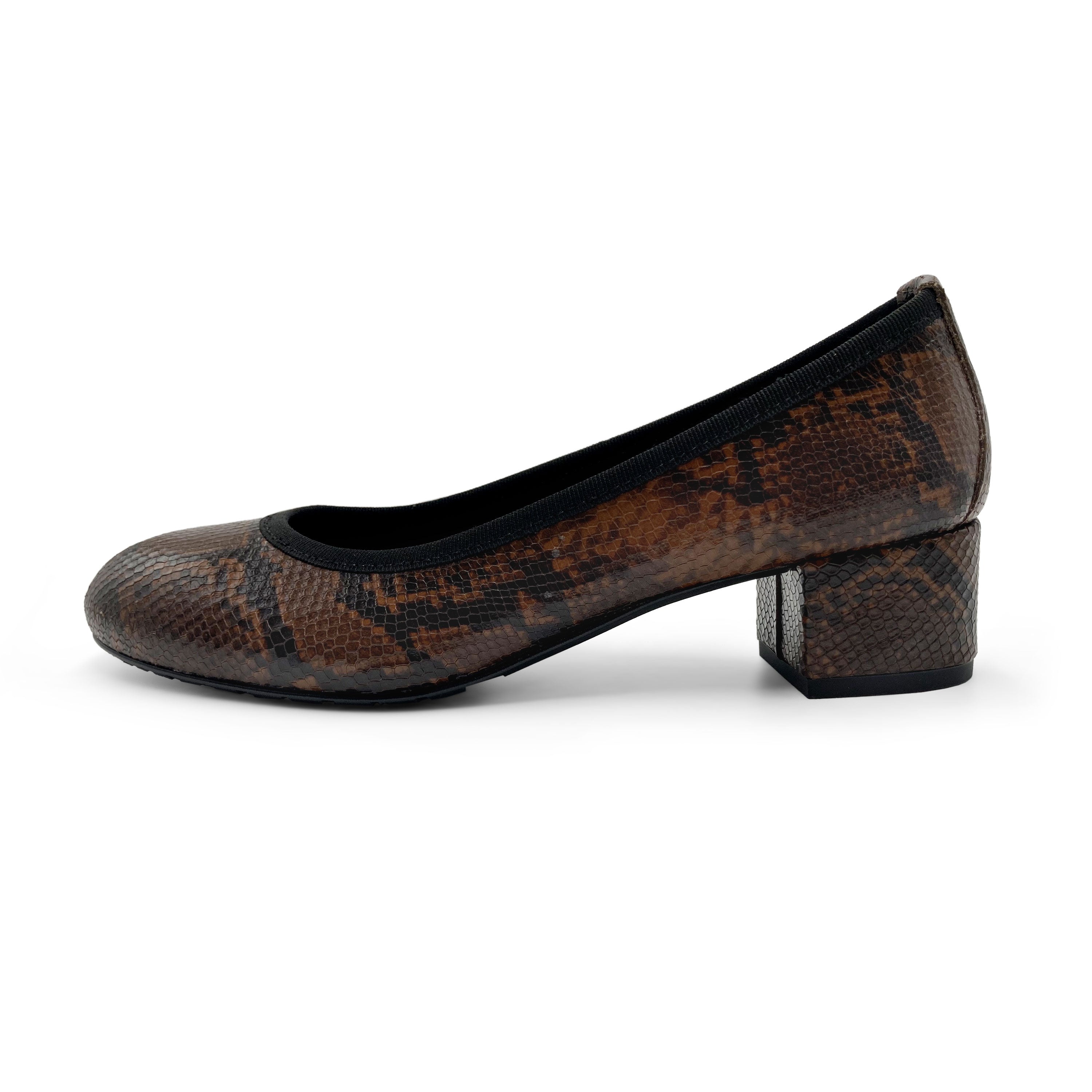 Ballerine in pelle stampa animalier marroni con tacco alto