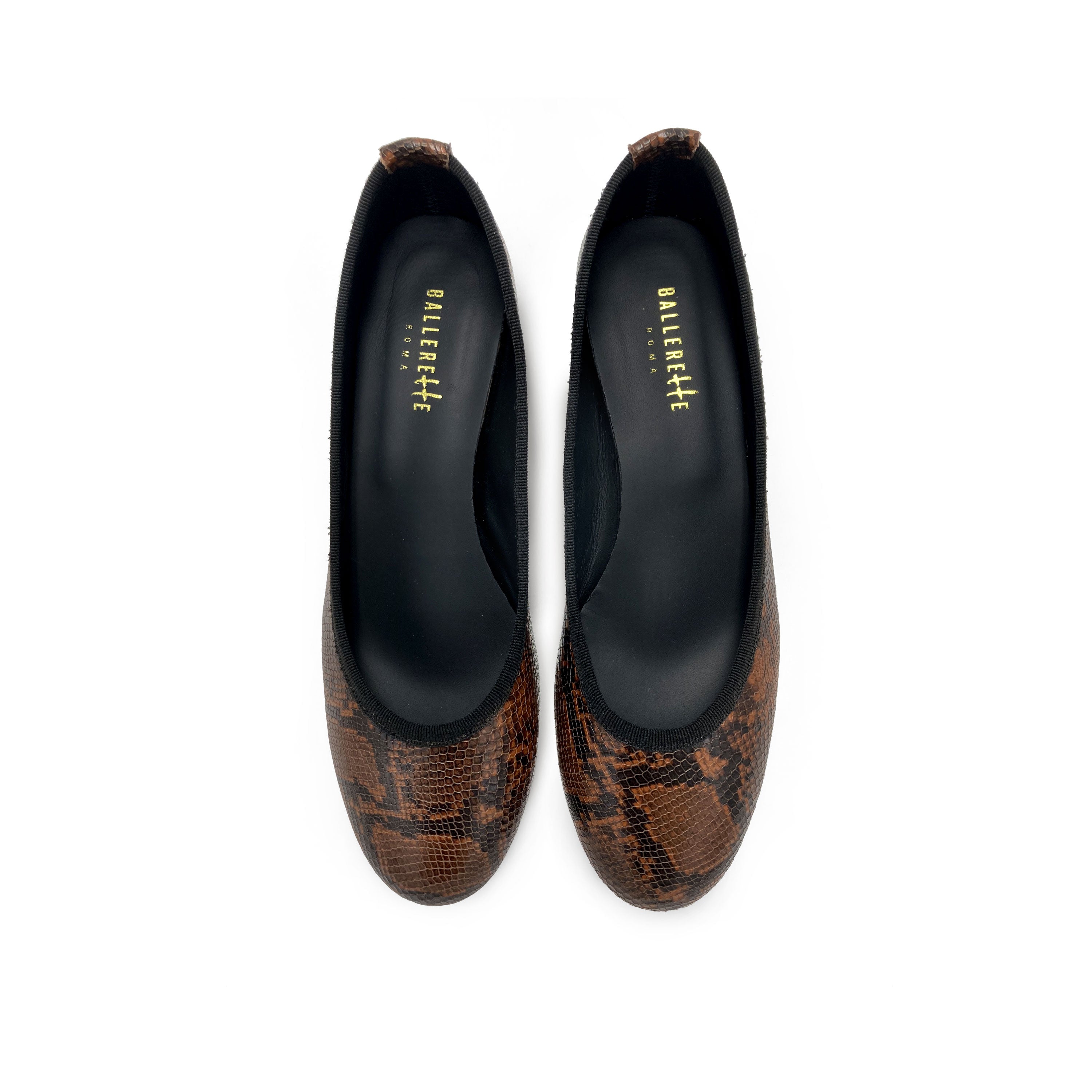 Ballerine in pelle stampa animalier marroni con tacco alto