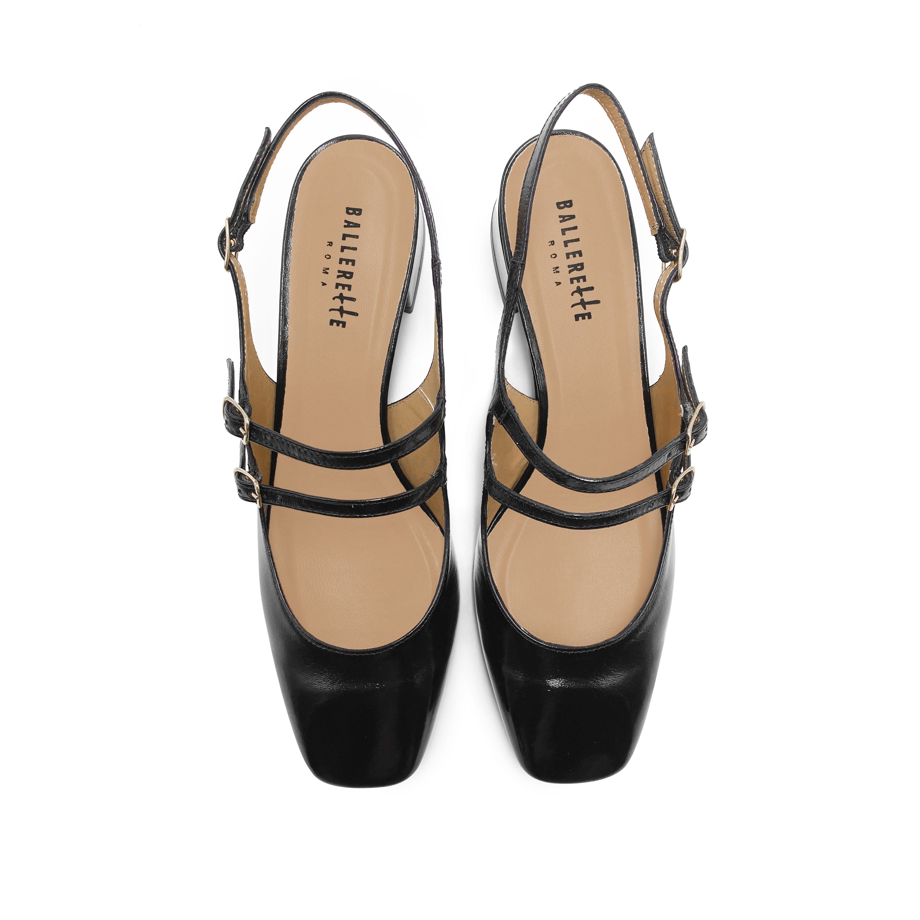Schwarze Slingback-Ballerinas aus glänzendem Leder mit Absatz