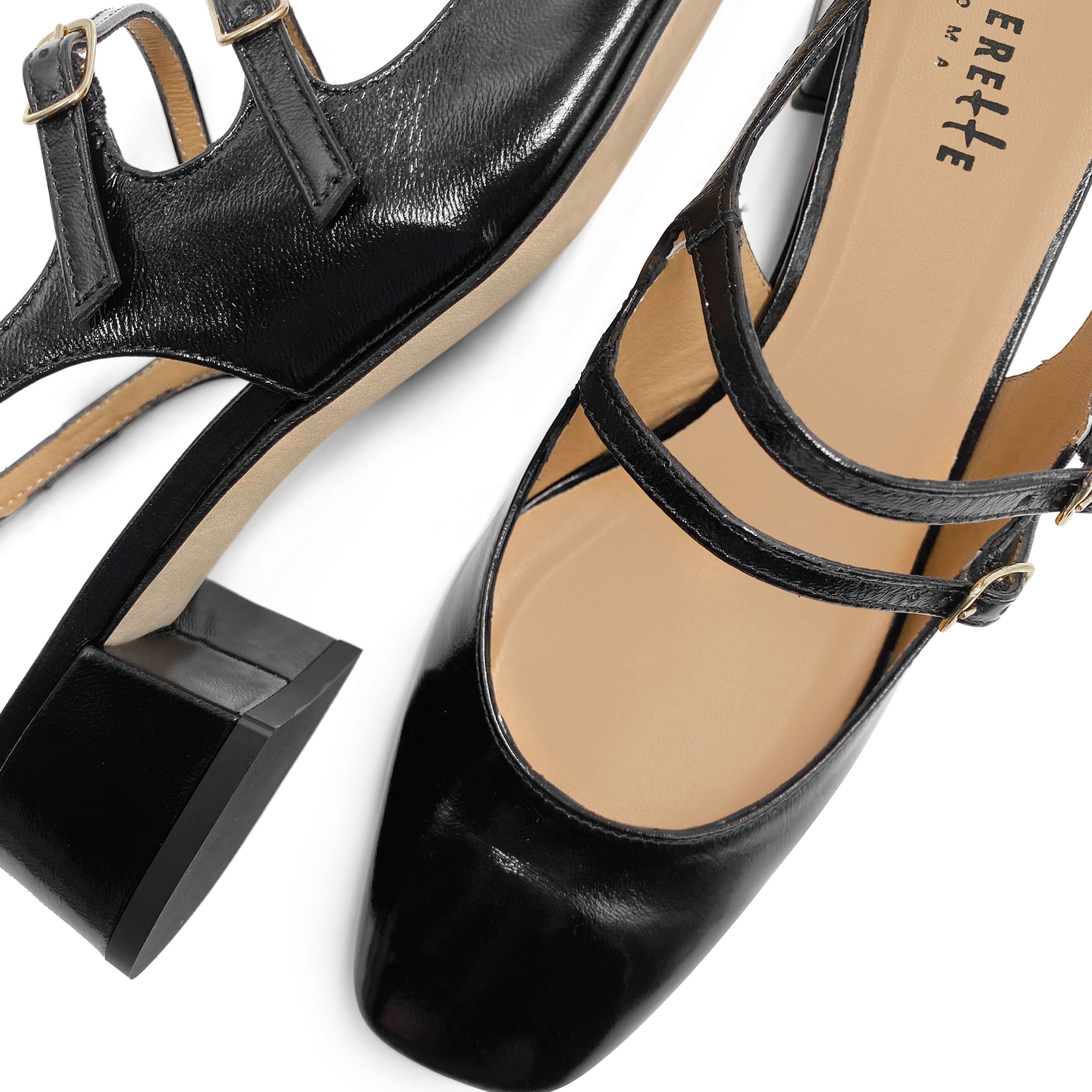 Schwarze Slingback-Ballerinas aus glänzendem Leder mit Absatz