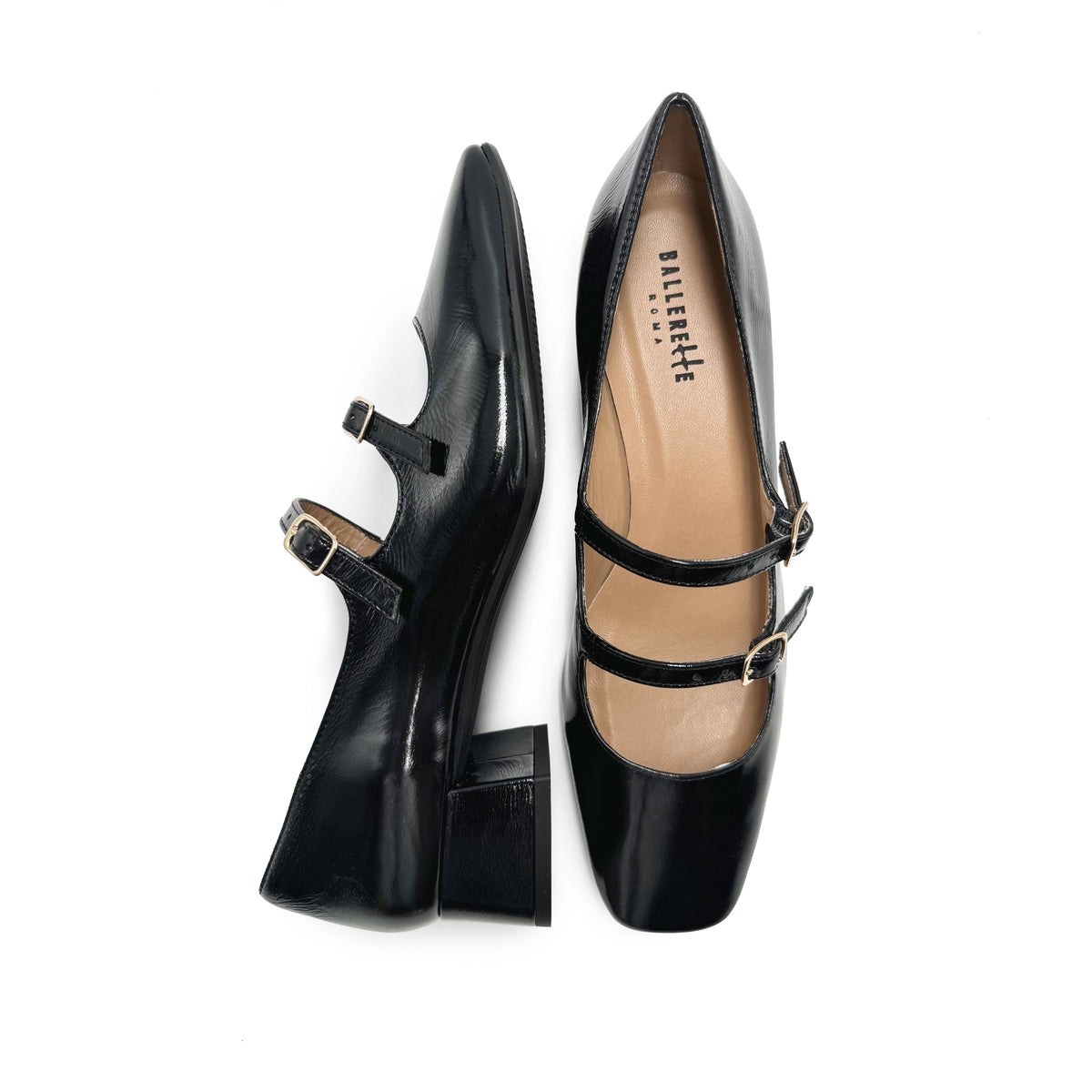 Schwarze glänzende Mary-Jane-Ballerinas mit eckiger Spitze und Riemchen
