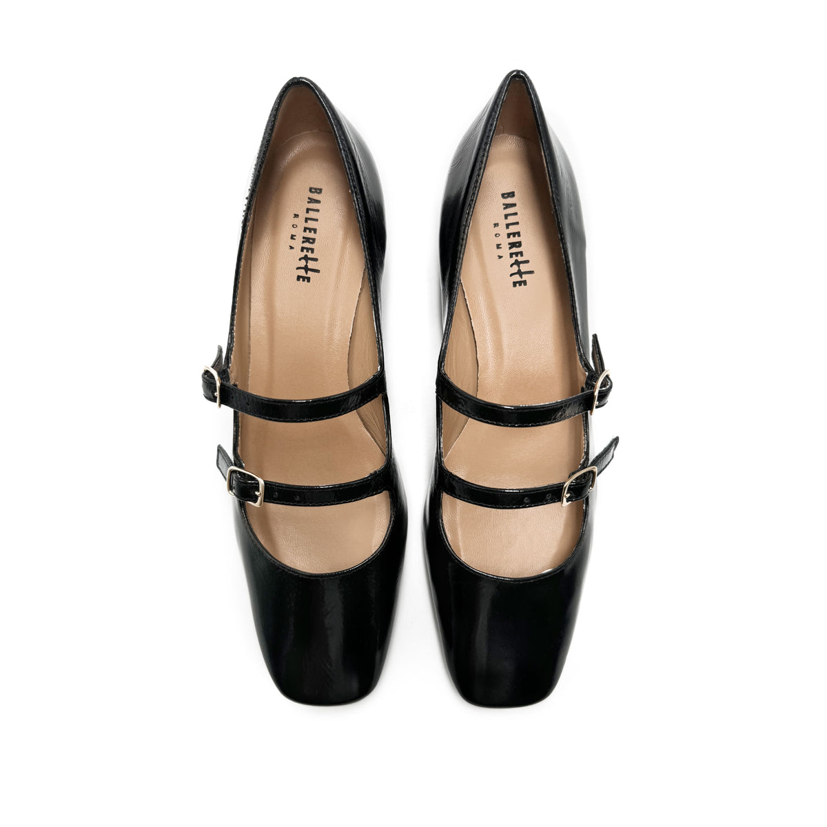 Black shiny leather Mary Jane shoes with two straps and high heels