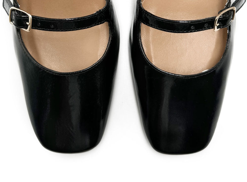 Black shiny leather Mary Jane shoes with two straps and high heels