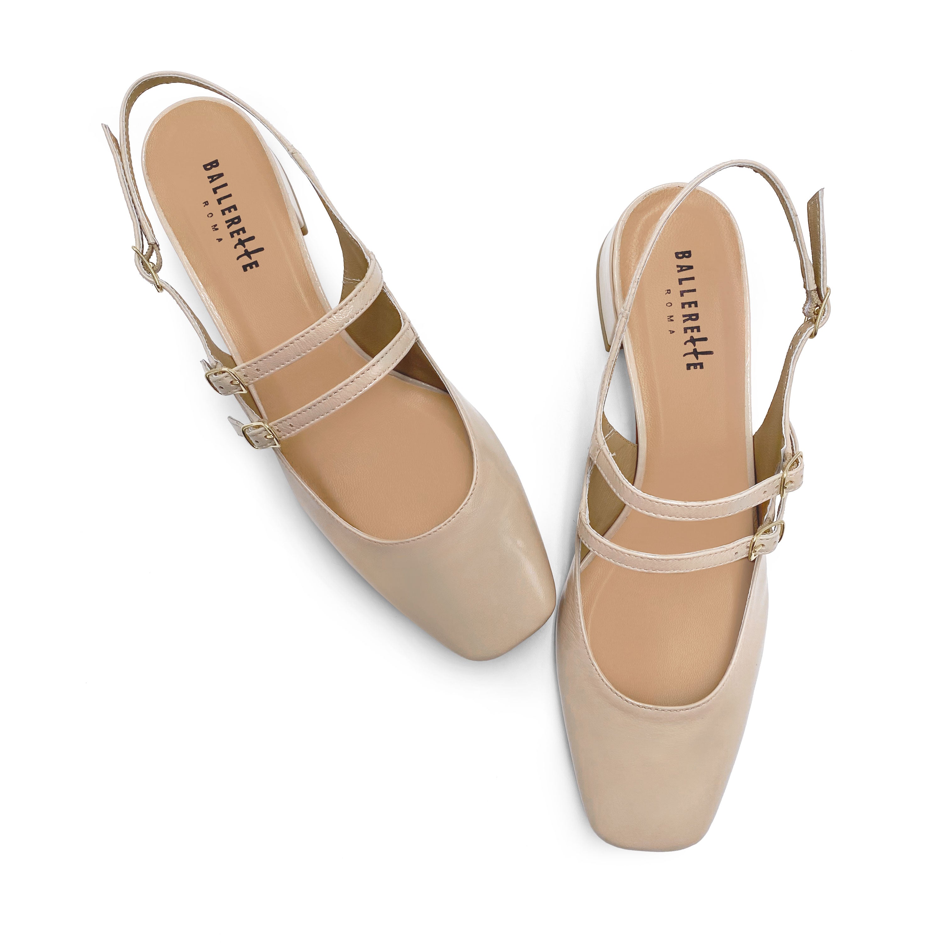 Beige Patent Leather Slingback Ballet Flats with Heel