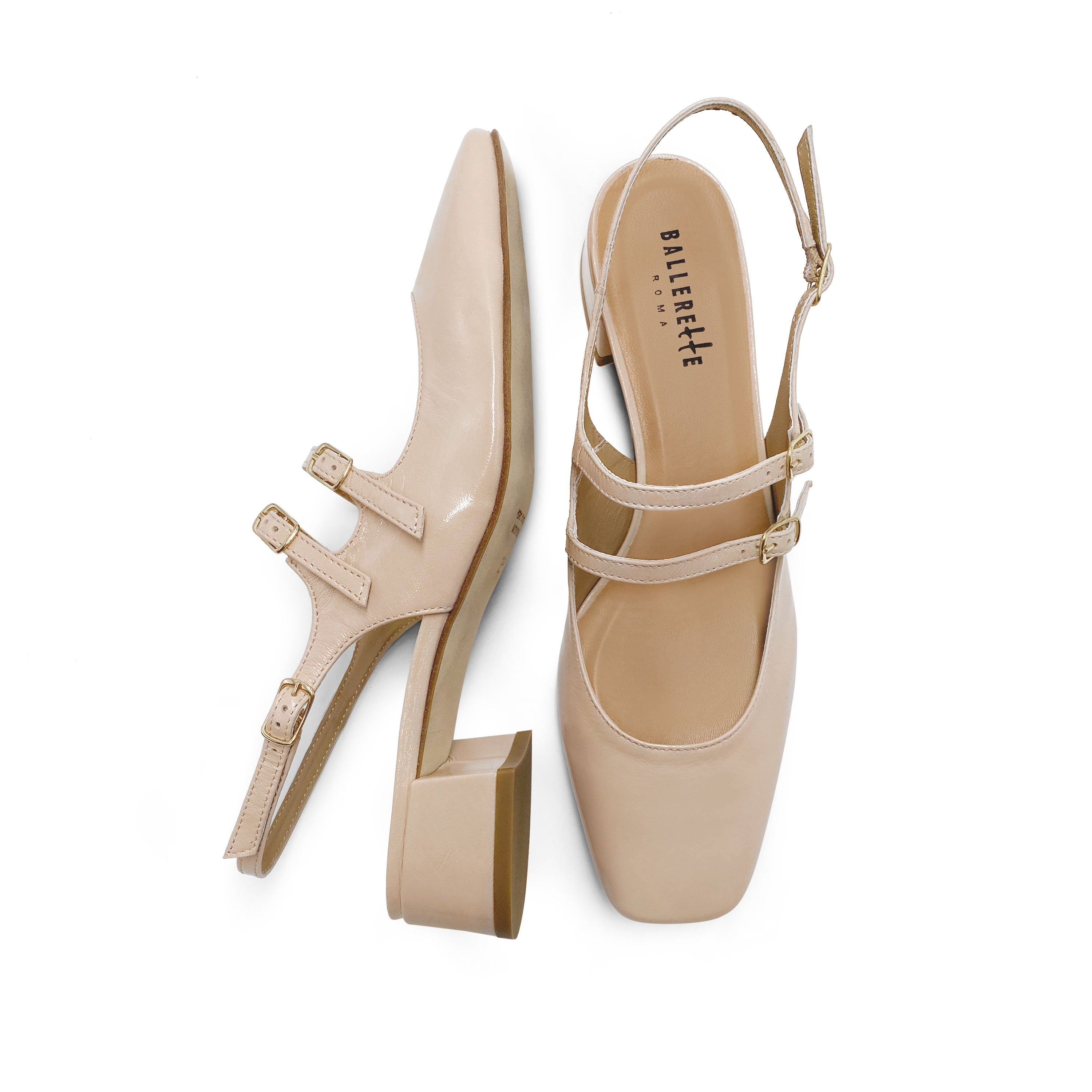 Beige Patent Leather Slingback Ballet Flats with Heel