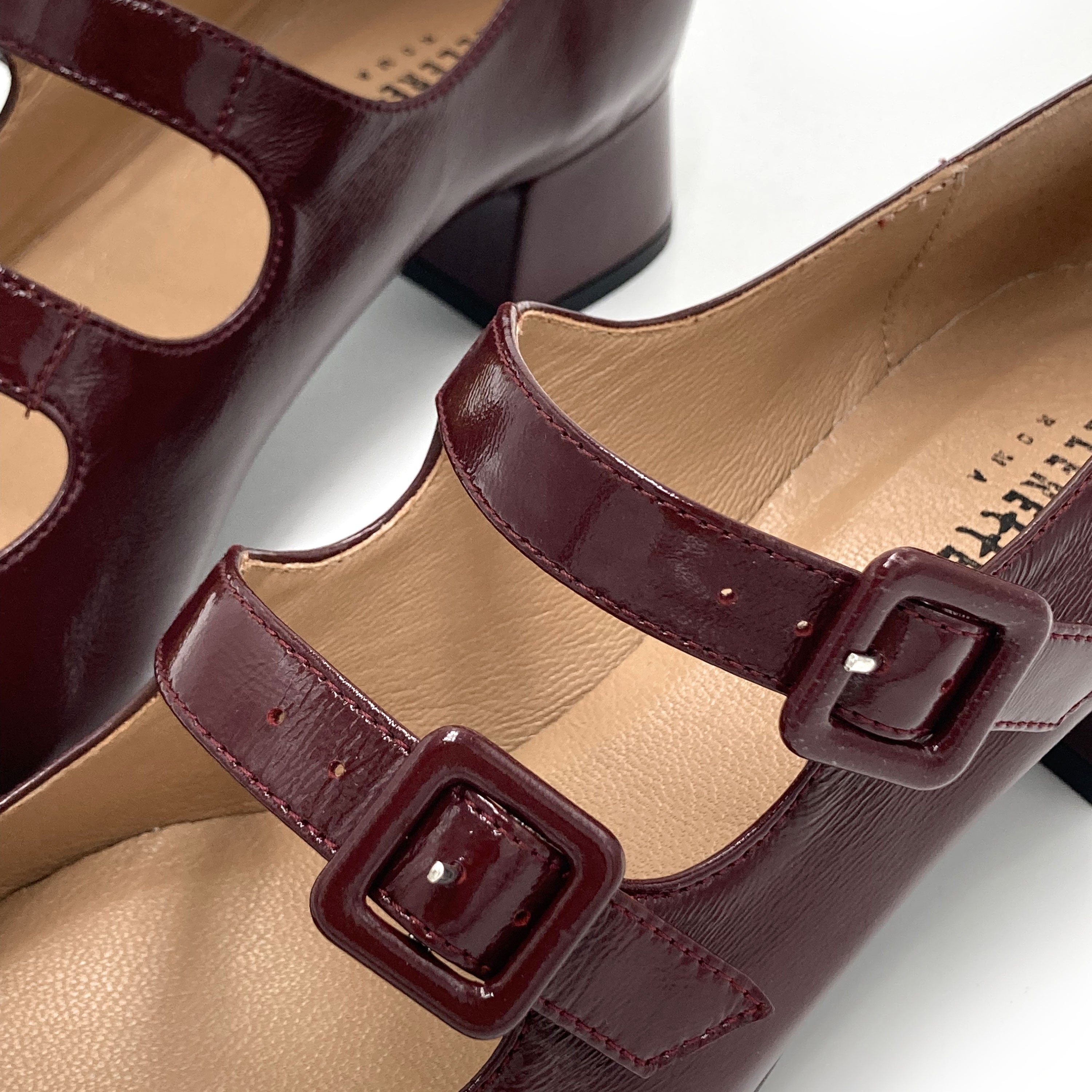Shiny burgundy Mary Jane ballet flats with heel and square toe