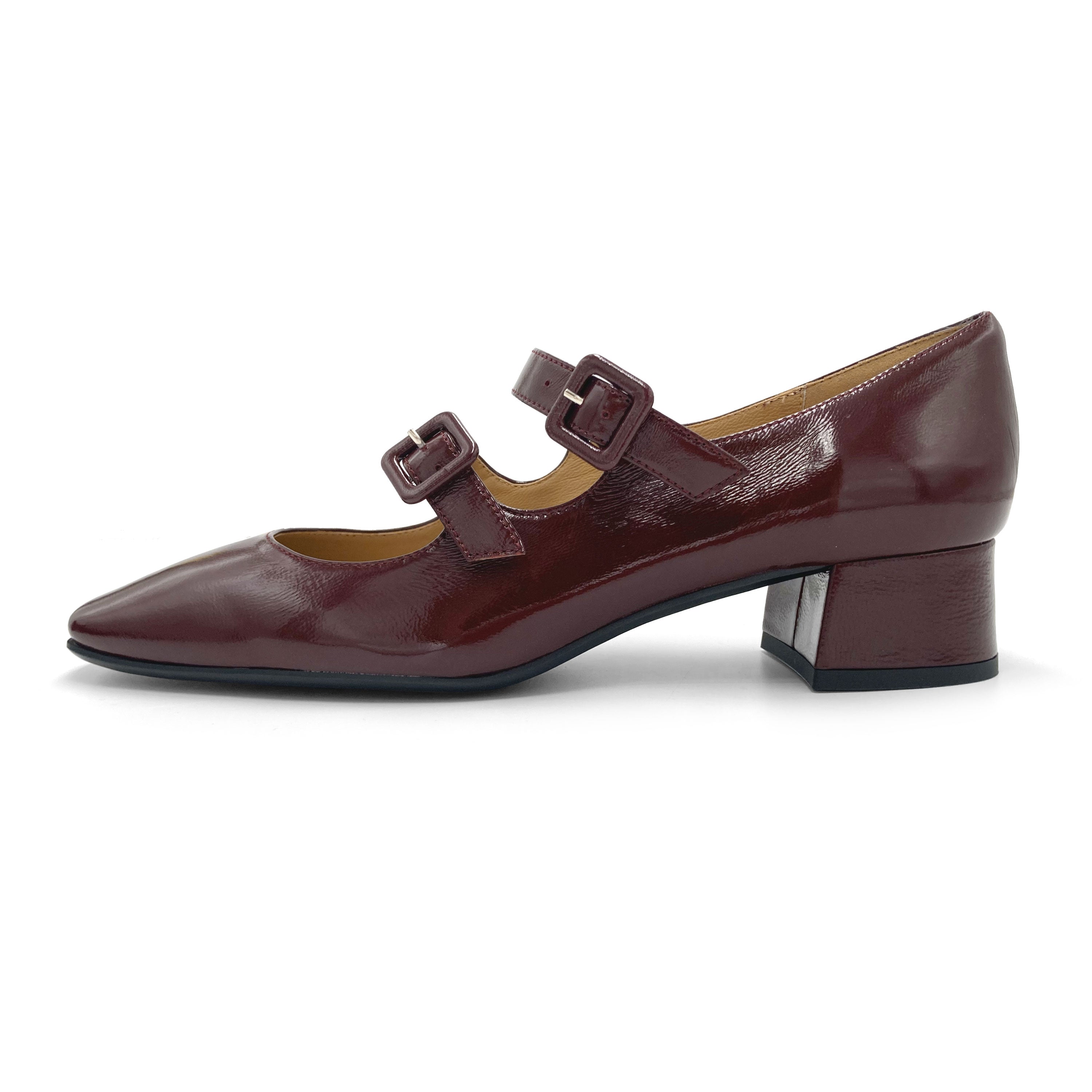 Shiny burgundy Mary Jane ballet flats with heel and square toe