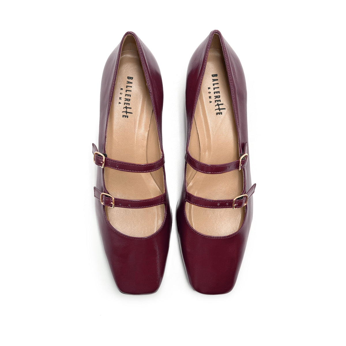 Glänzende bordeauxfarbene Mary-Jane-Ballerinas mit eckiger Spitze und Riemchen