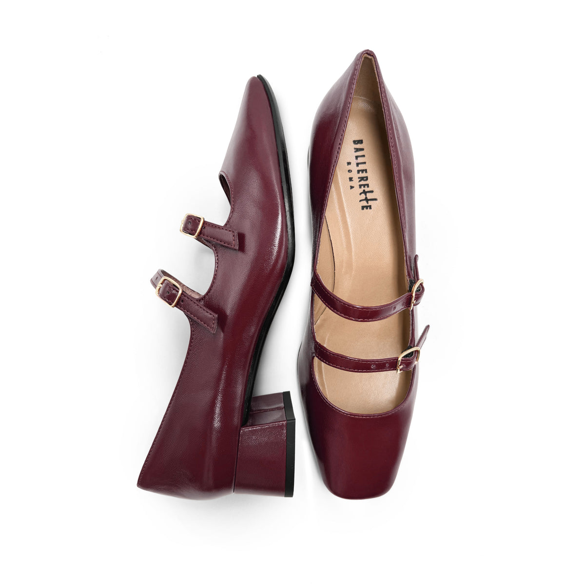 Glänzende bordeauxfarbene Mary-Jane-Ballerinas mit eckiger Spitze und Riemchen
