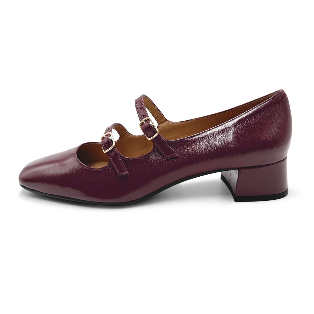 Glänzende bordeauxfarbene Mary-Jane-Ballerinas mit eckiger Spitze und Riemchen