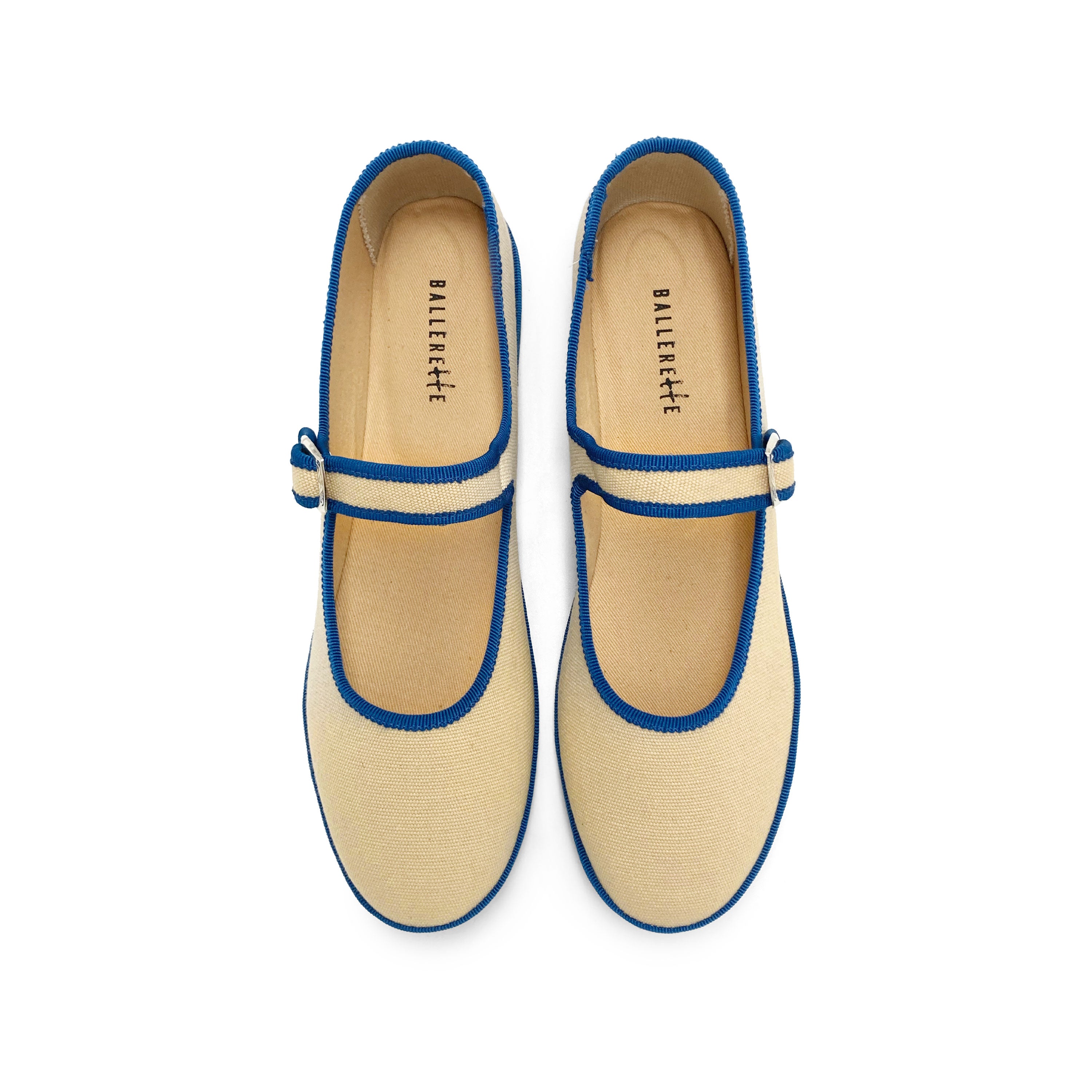 Mary Jane Friulane Ballerinas aus beigem Baumwollstoff mit blauen Details