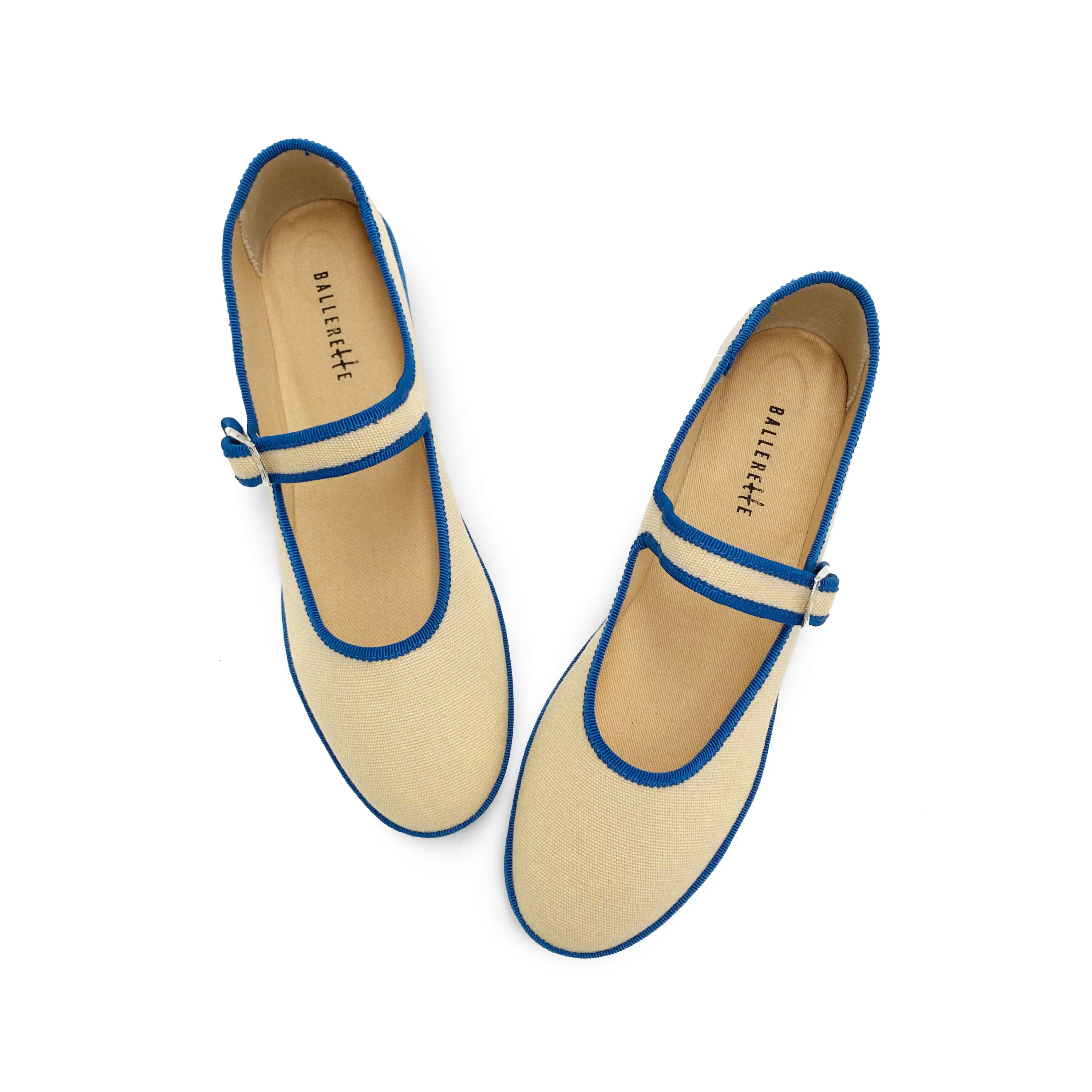 Mary Jane Friulane Ballerinas aus beigem Baumwollstoff mit blauen Details