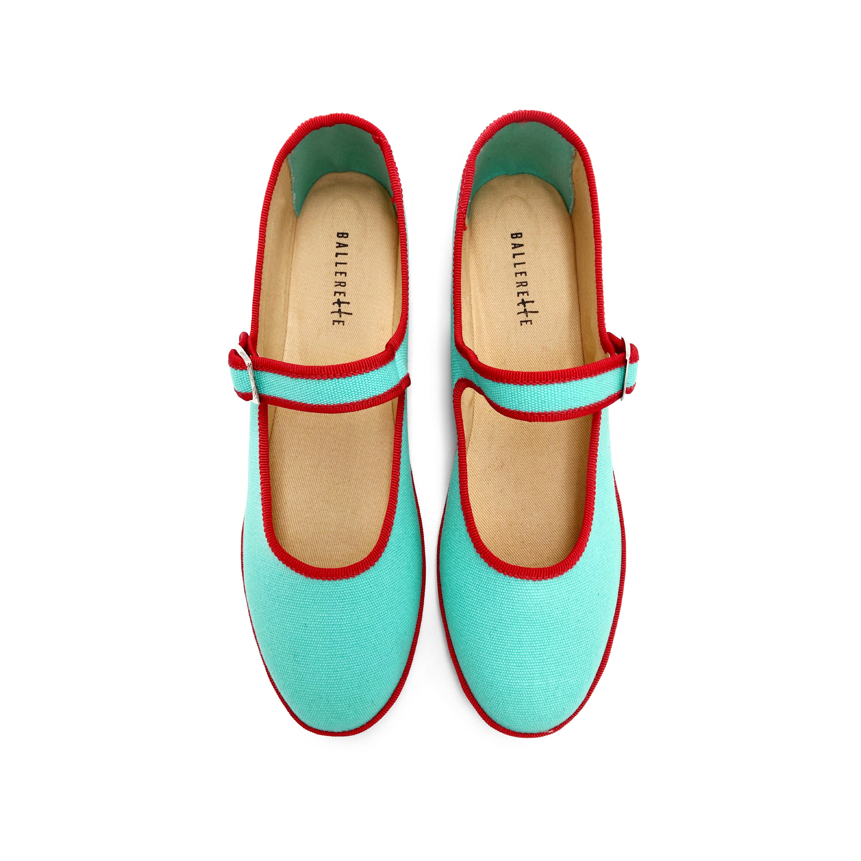 Aqua Blue Cotton Mary Jane Friulane with Red Details