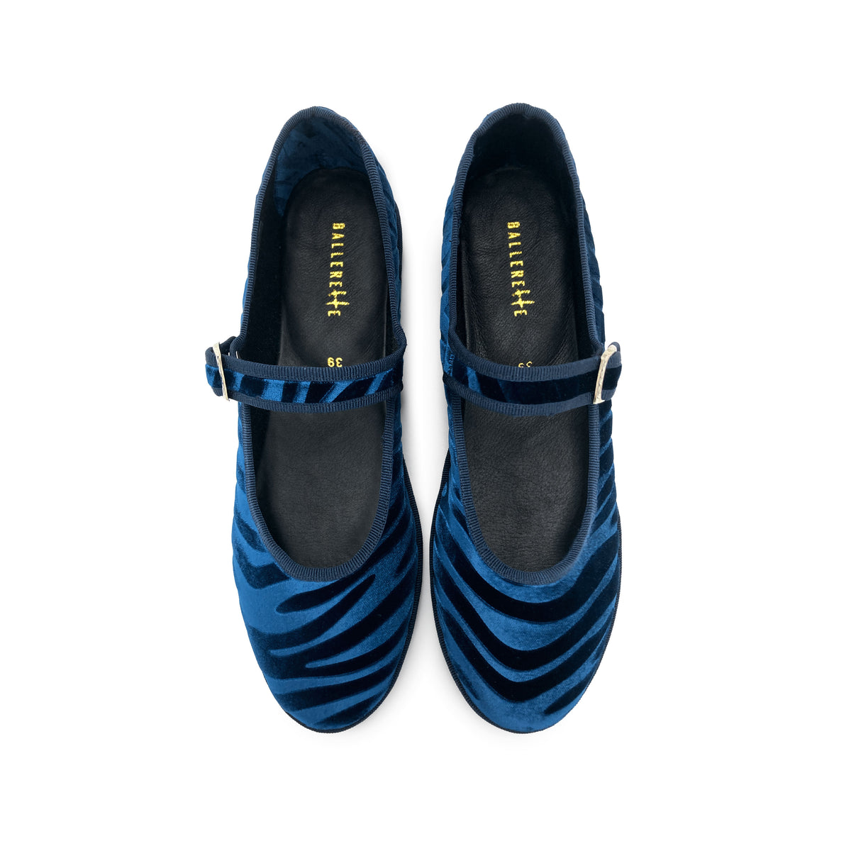 Blue zebra-print velvet Mary Jane Friulane ballet flats
