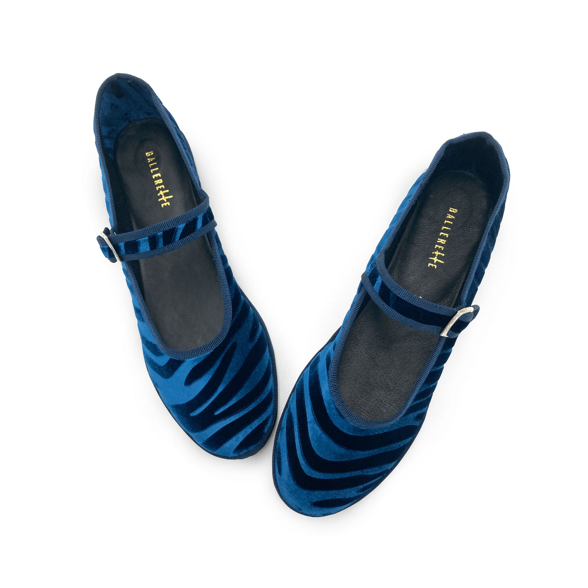 Blue zebra-print velvet Mary Jane Friulane ballet flats