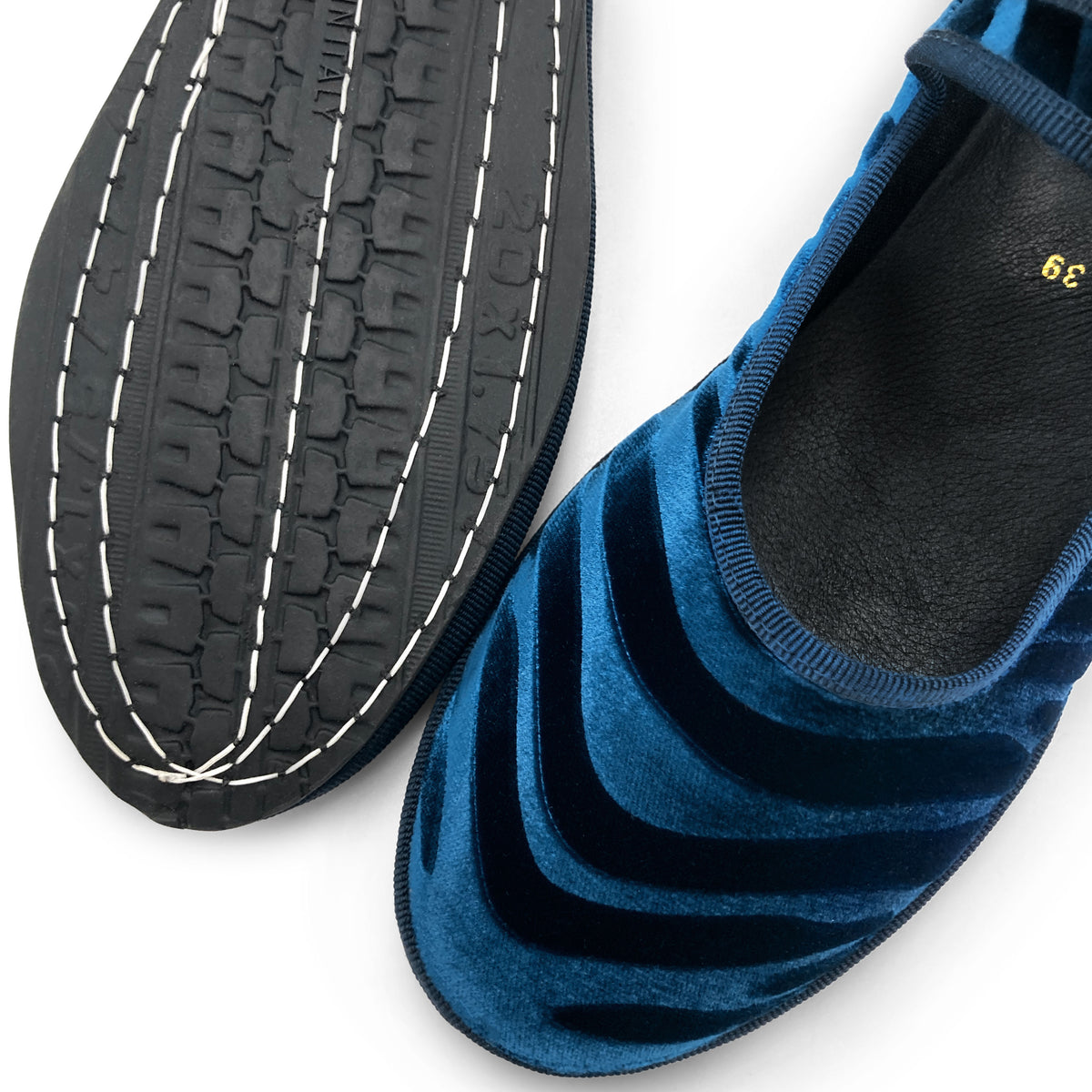 Blue zebra-print velvet Mary Jane Friulane ballet flats
