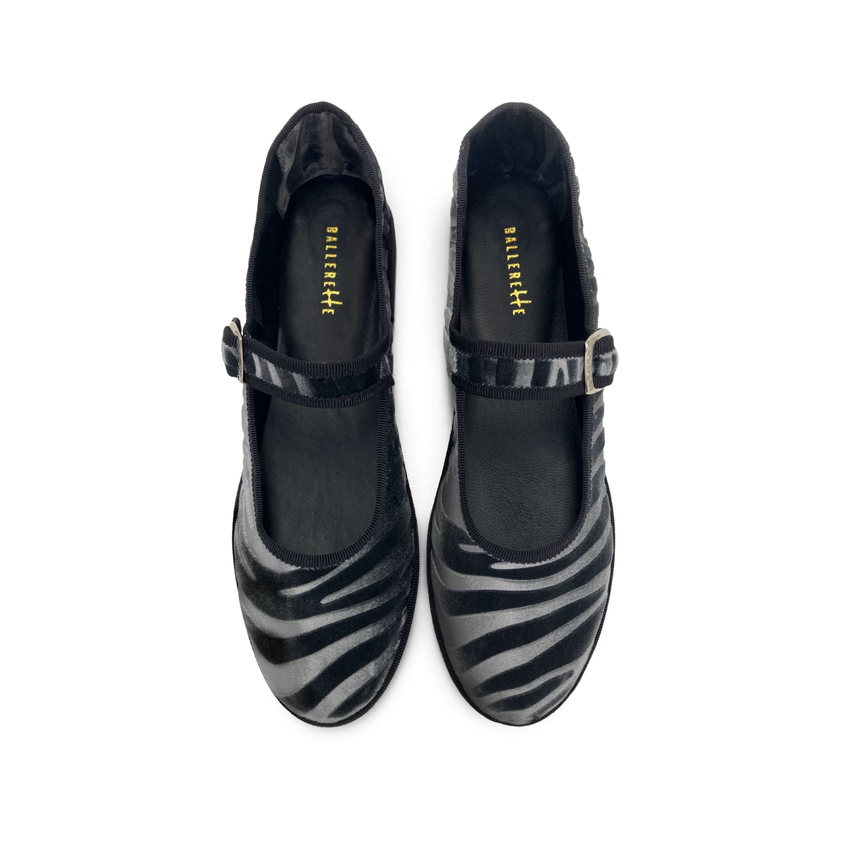 Graue Mary Jane Friulane mit Zebra-Print aus Samt
