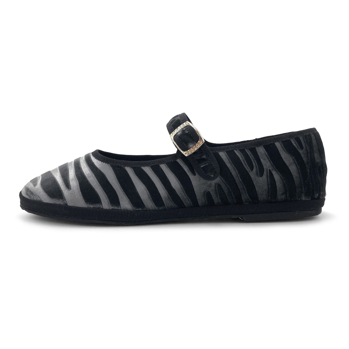 Graue Mary Jane Friulane mit Zebra-Print aus Samt