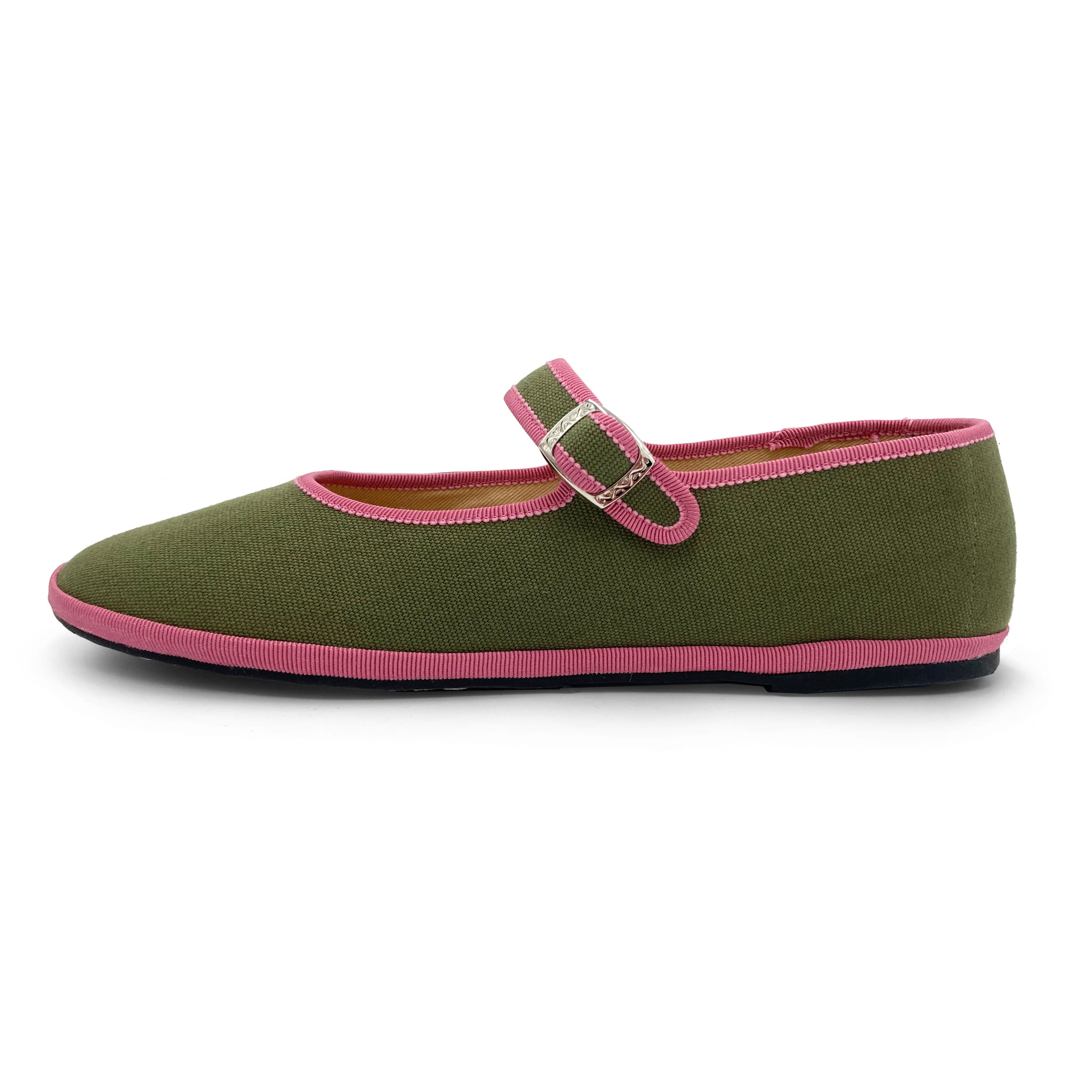 Bailarinas friulanas Mary Jane en algodón verde oliva con detalles rosa