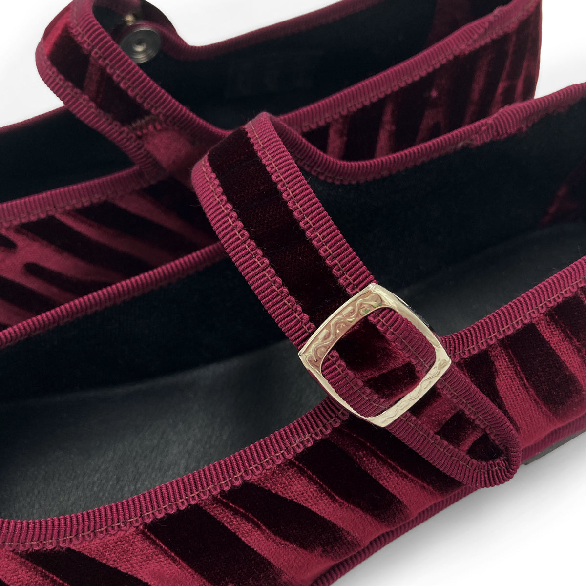 Bordeaux zebra-print velvet Mary Jane Friulane ballet flats