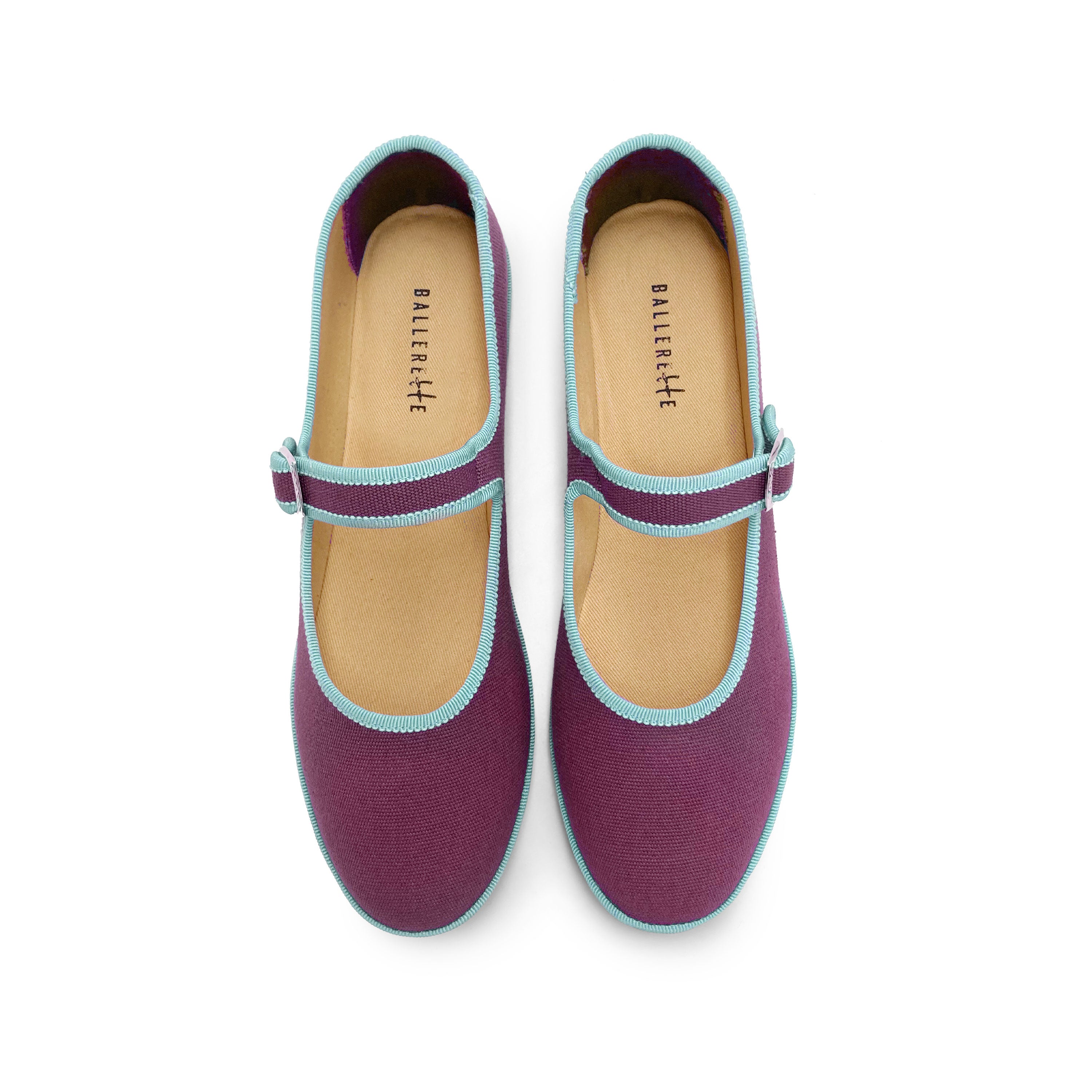 Mary Jane Friulane Ballerinas aus violettem Baumwollstoff mit himmelblauen Details