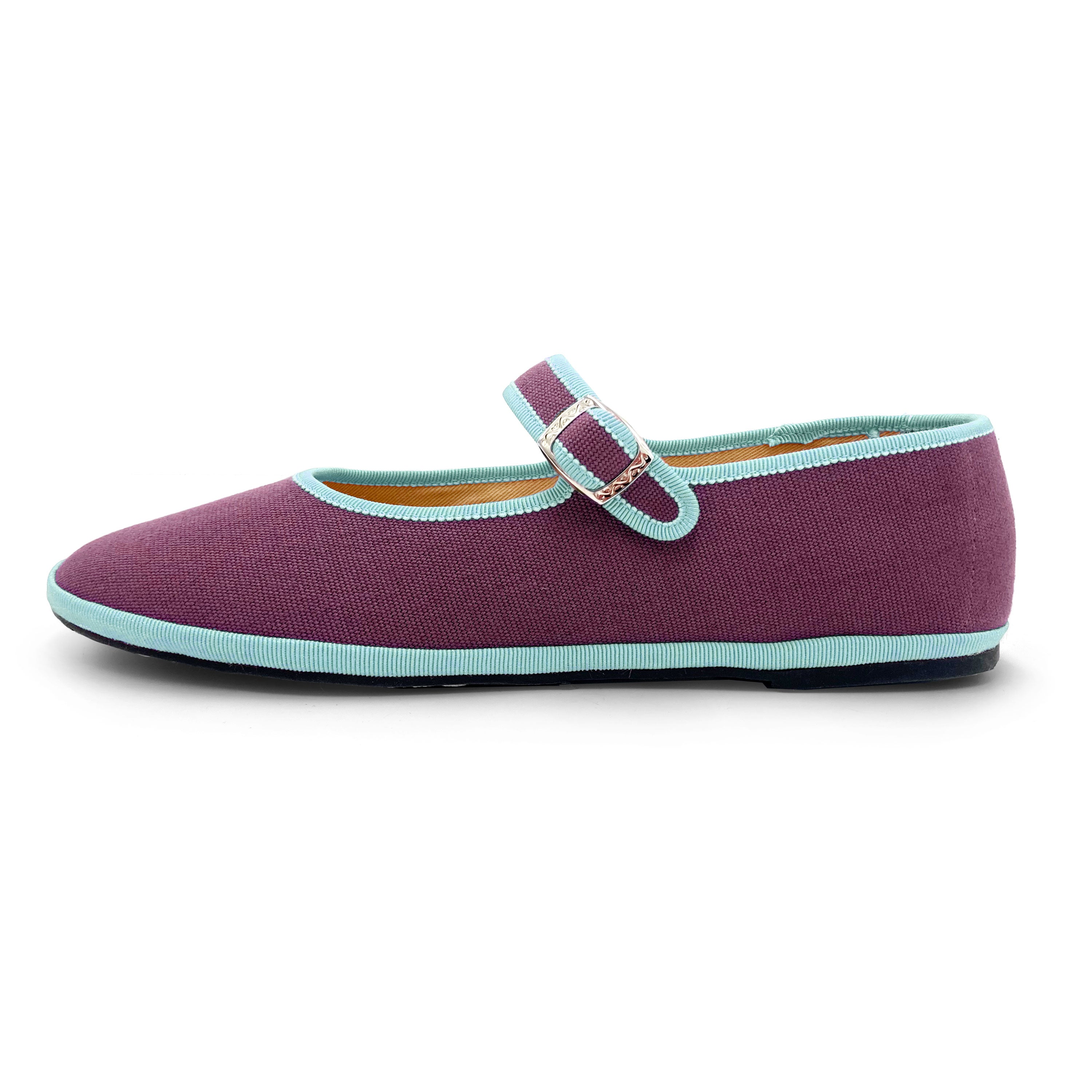 Mary Jane Friulane Ballerinas aus violettem Baumwollstoff mit himmelblauen Details