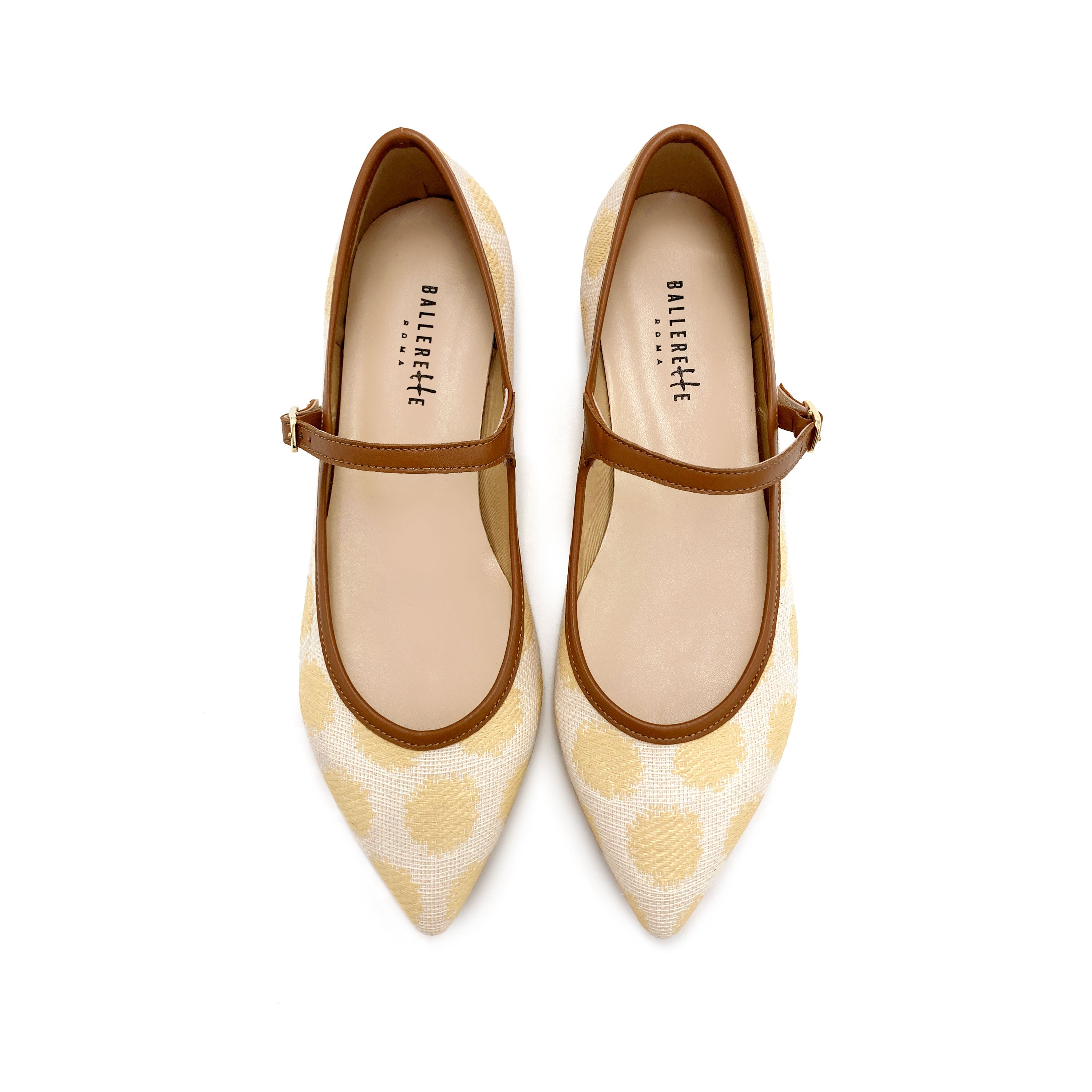 Ballerine mary jane estive in rafia beige a pois e cinturino cuoio