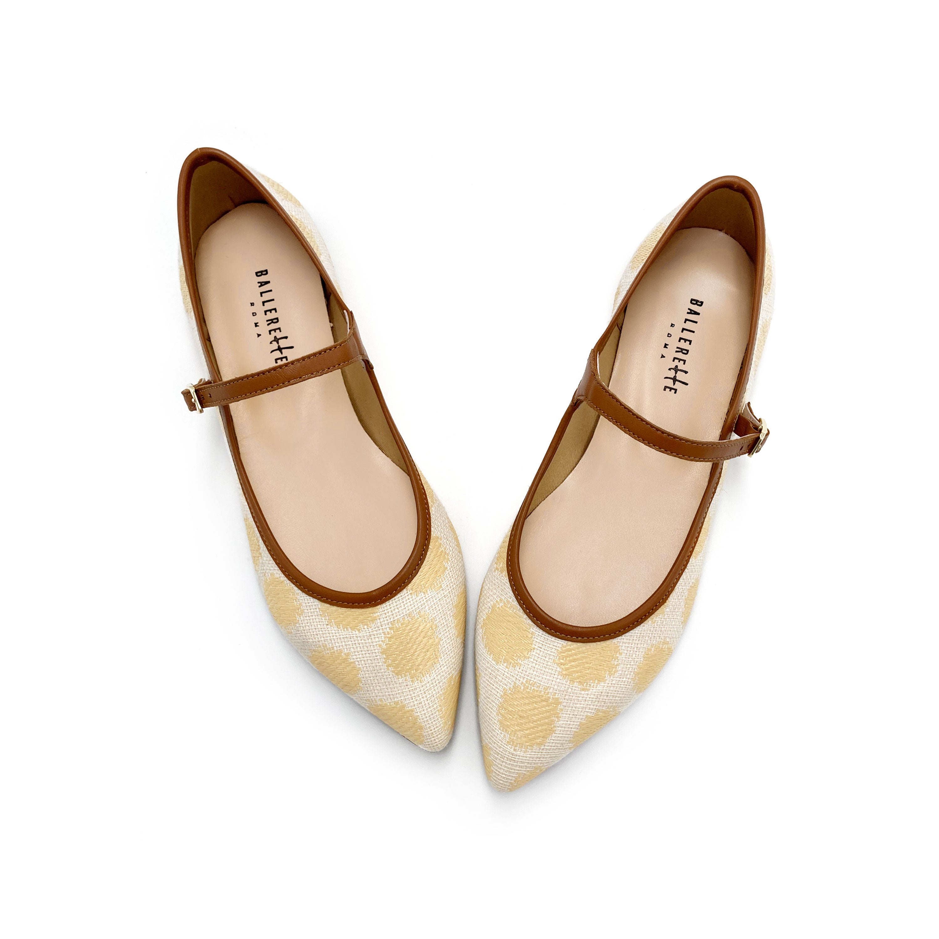 Ballerine mary jane estive in rafia beige a pois e cinturino cuoio