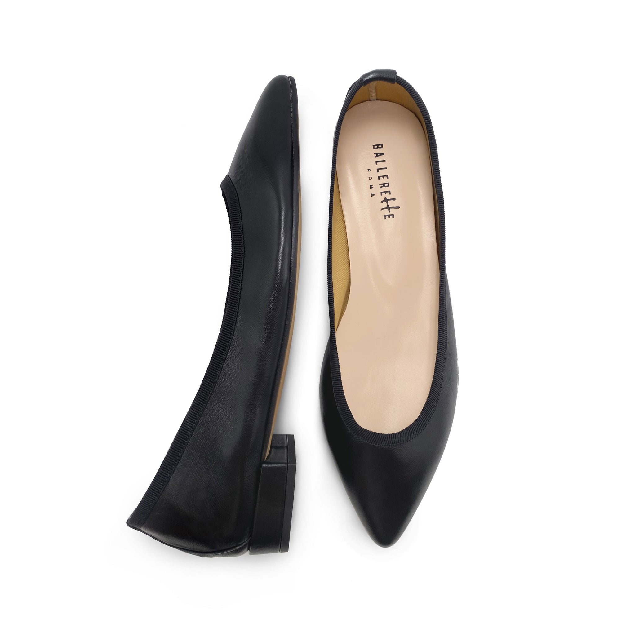 Pointed toe black leather ballet flats