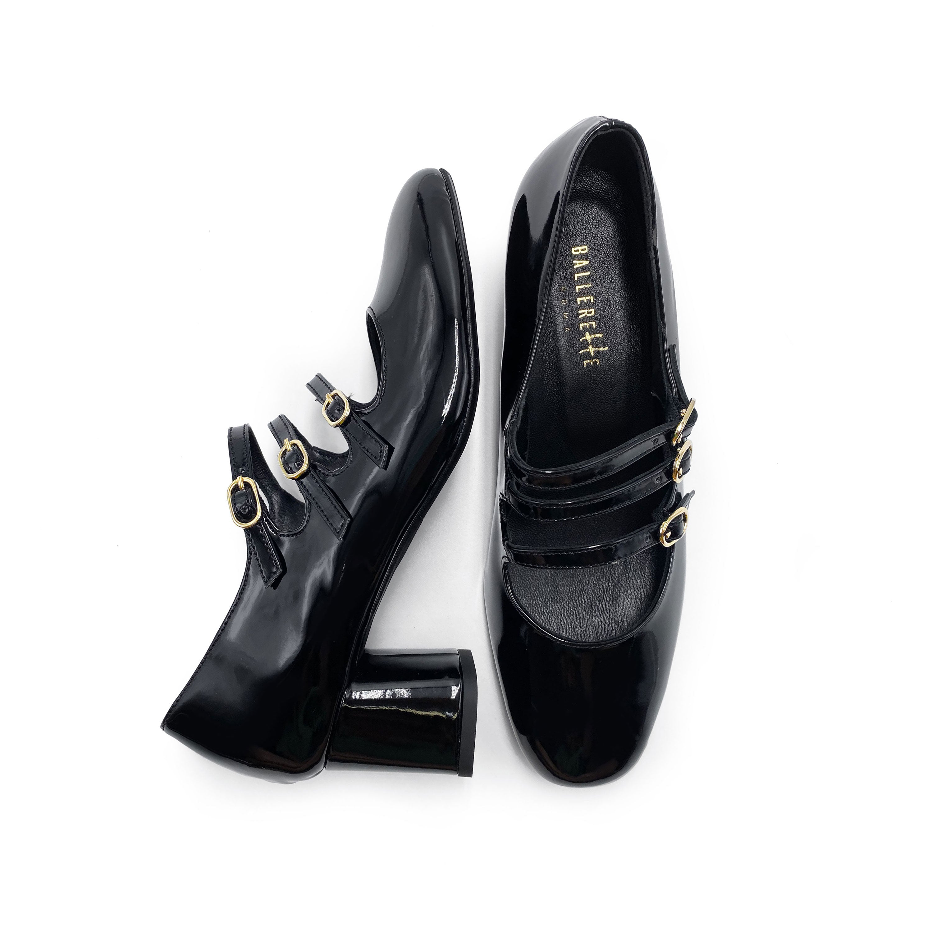 Schwarze Mary Jane Ballerinas aus Lack mit drei Riemchen und hohem Absatz