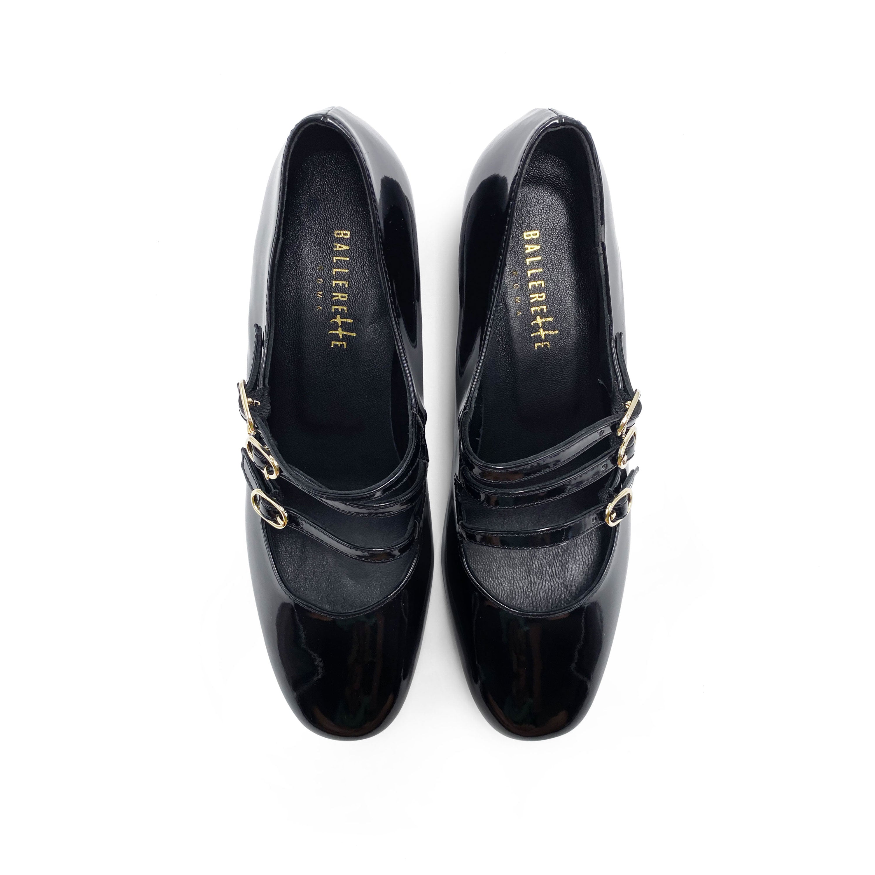 Schwarze Mary Jane Ballerinas aus Lack mit drei Riemchen und hohem Absatz