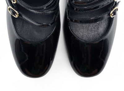 Schwarze Mary Jane Ballerinas aus Lack mit drei Riemchen und hohem Absatz