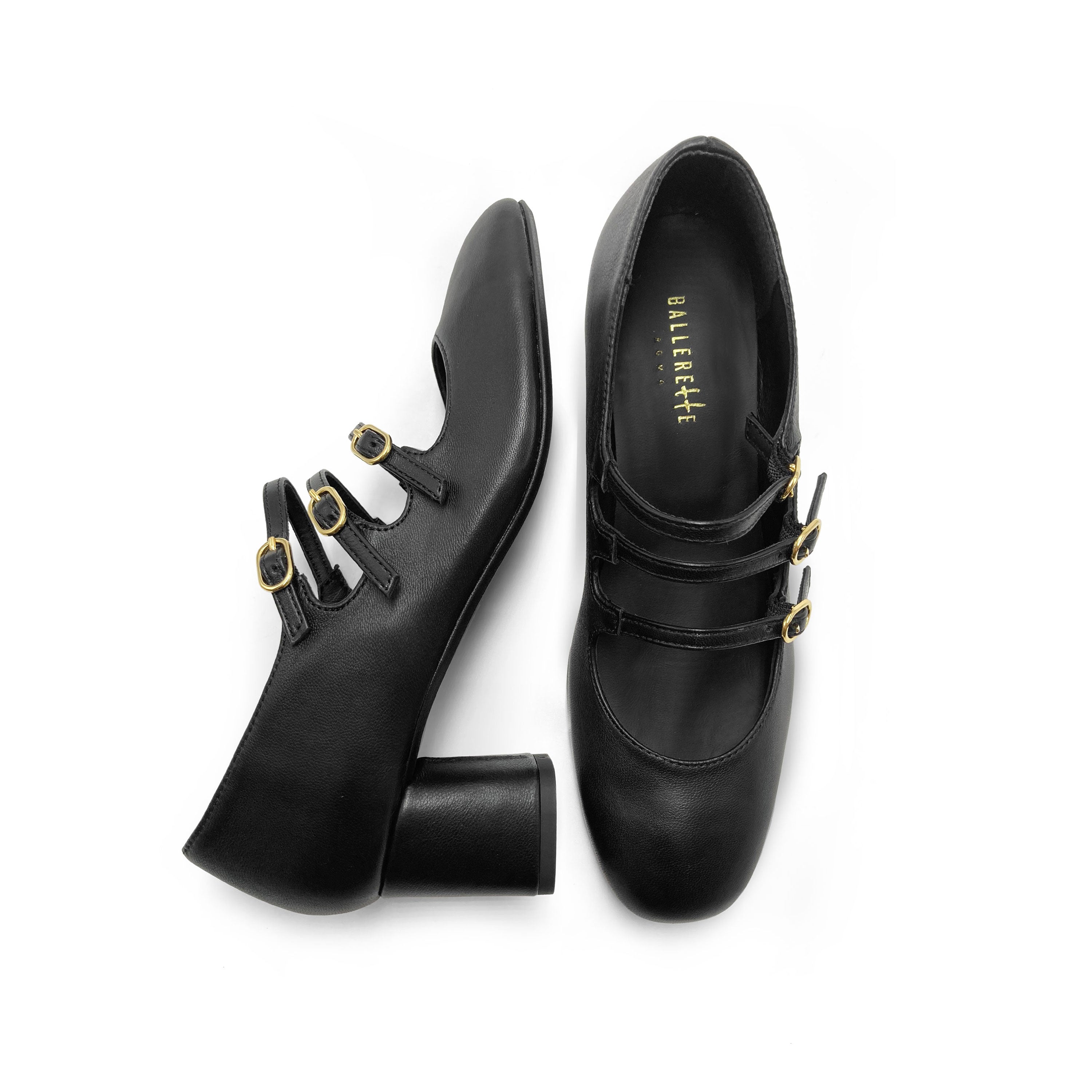 Schwarze Mary Jane Ballerinas aus Leder mit drei Riemchen und hohem Absatz